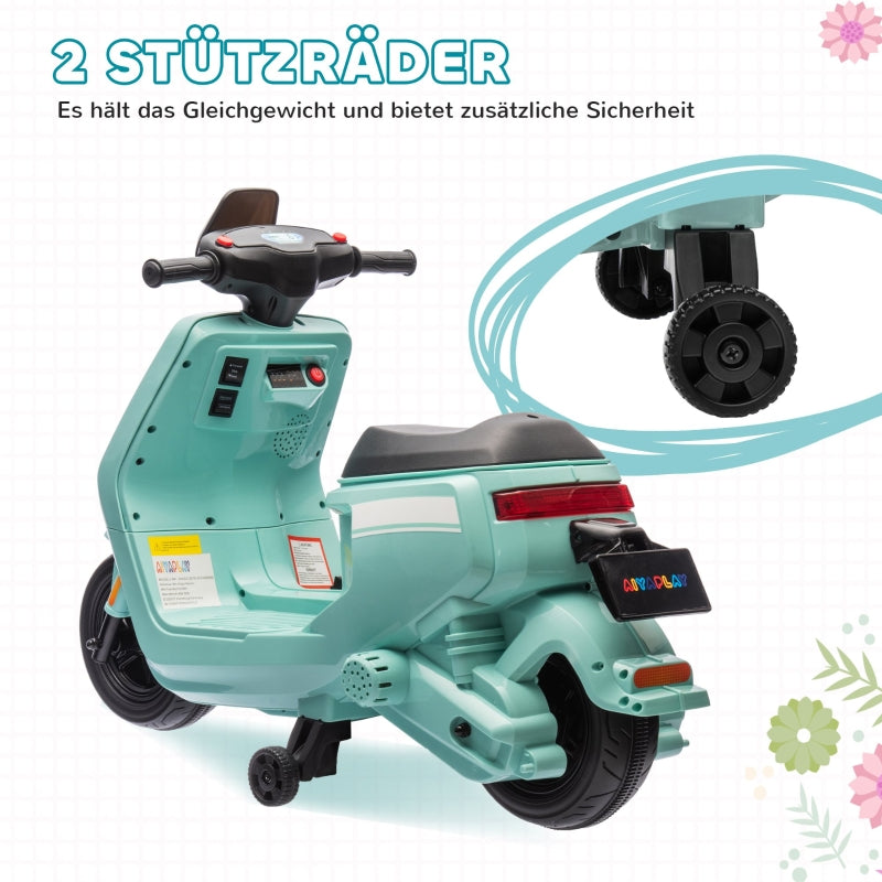 AIYAPLAY Electric Motorcycle for Kids, with Headlight Music and Training Wheels, Green