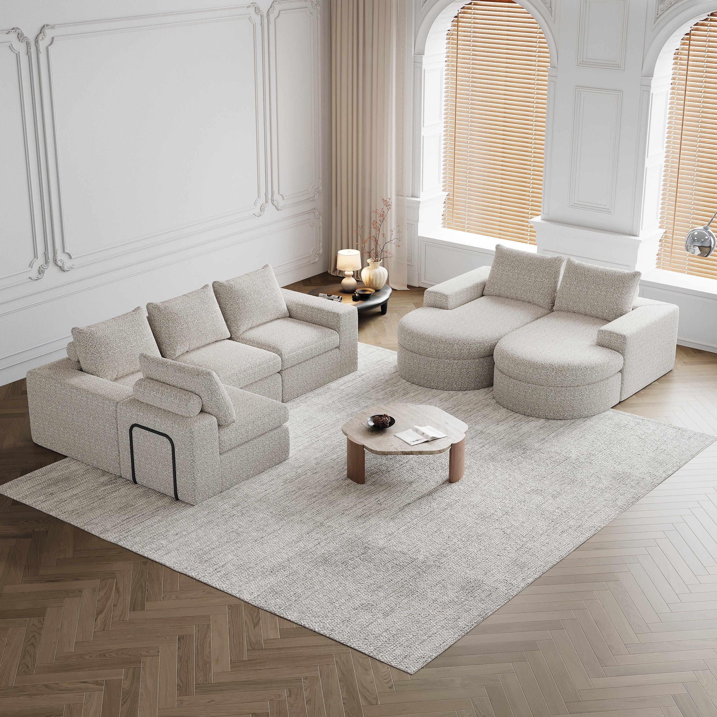 Chenille Curved Sofa with Recliner, Modular L-shaped, Two-Piece Set