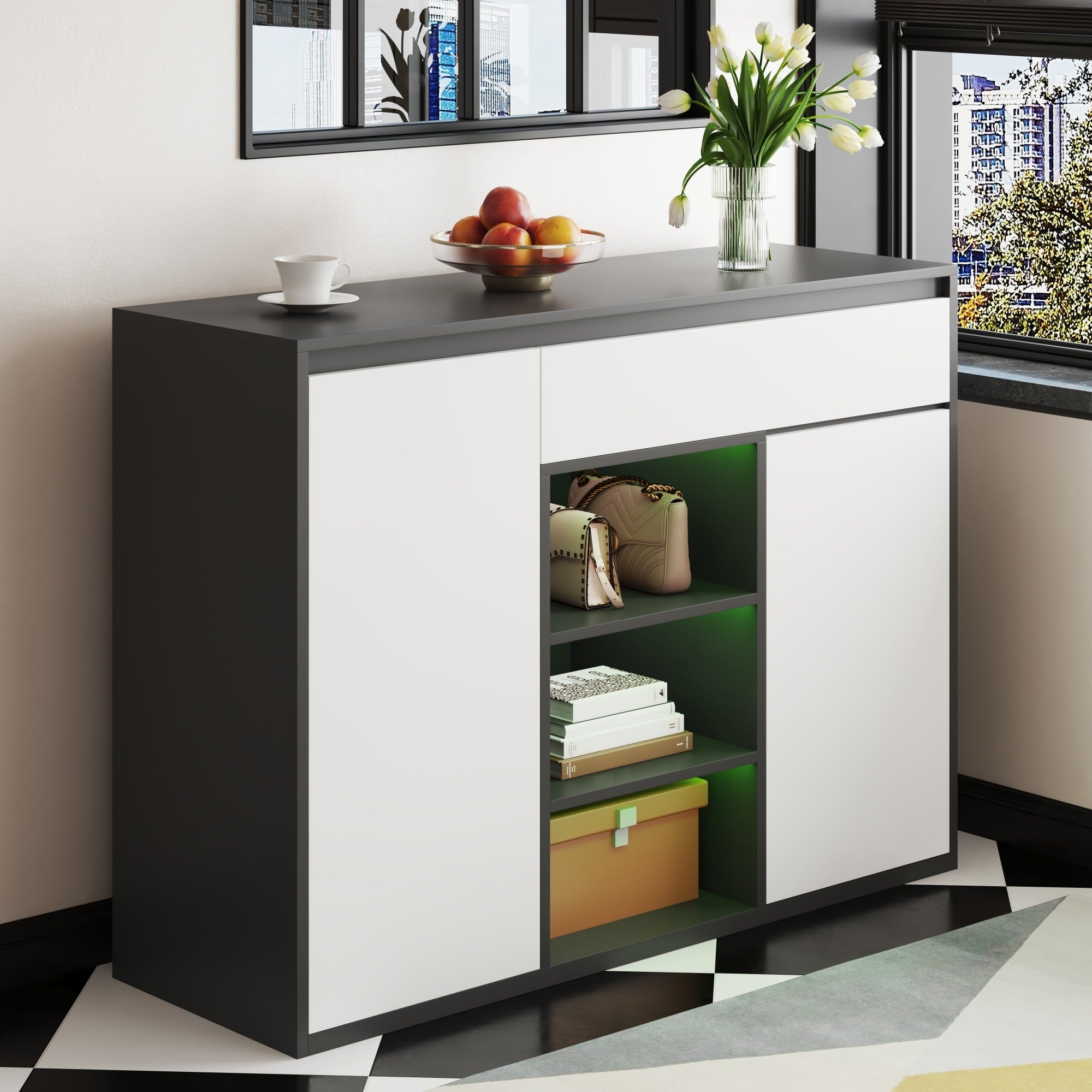 Shoe Cabinet, 2 Doors 1 Drawer Adjustable Rack, Black/White Modern Design