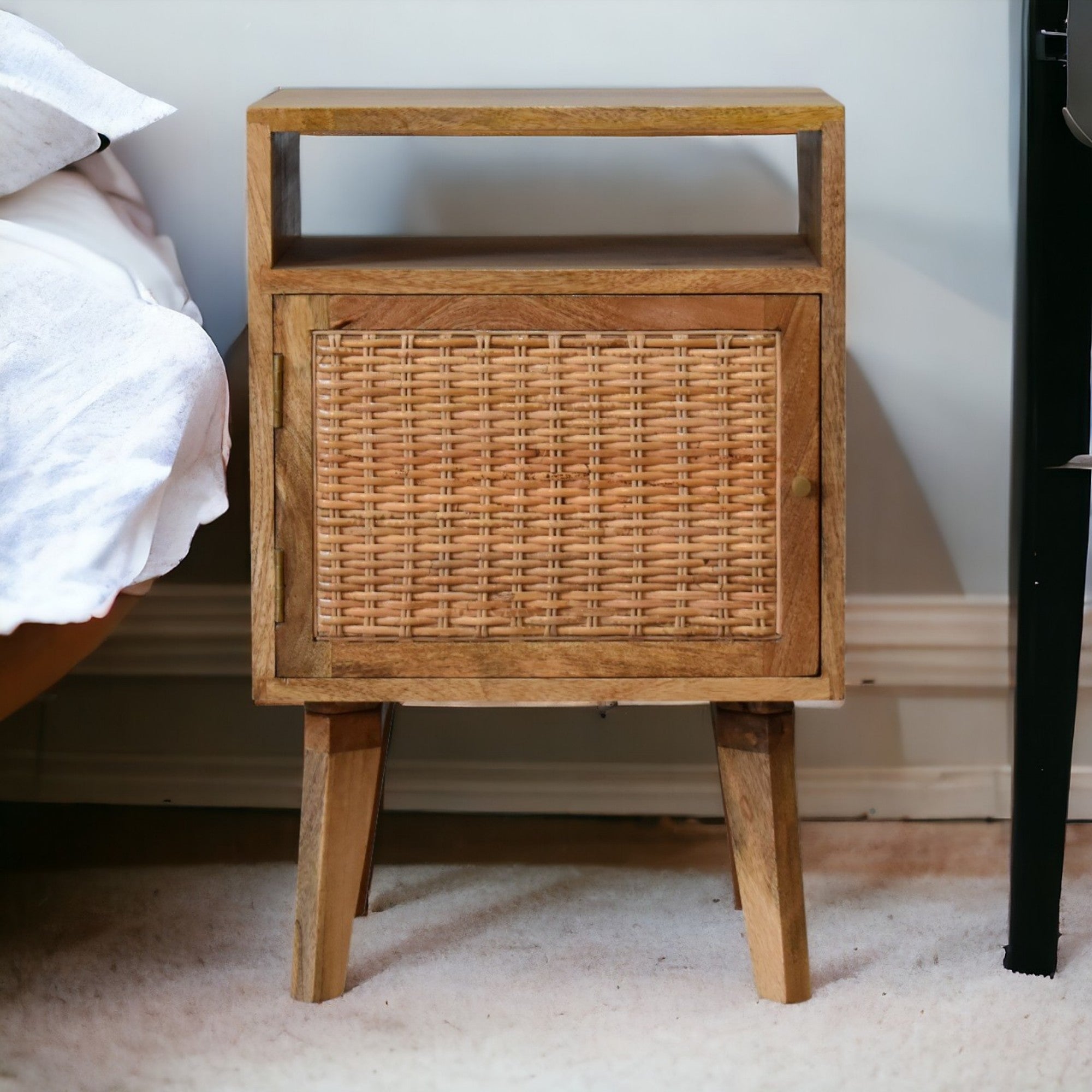 Solid Wood Bedside Table with Knit Door and Open Slot, Beige