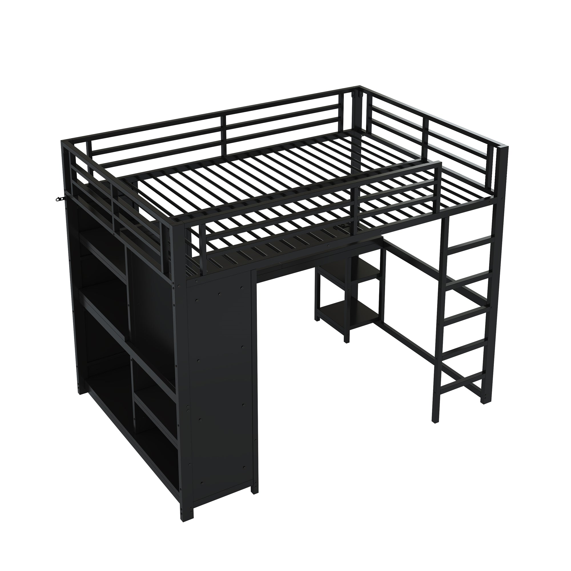 140x200 Gaming Loft Bed with LED, Desk & Storage, Metal Black
