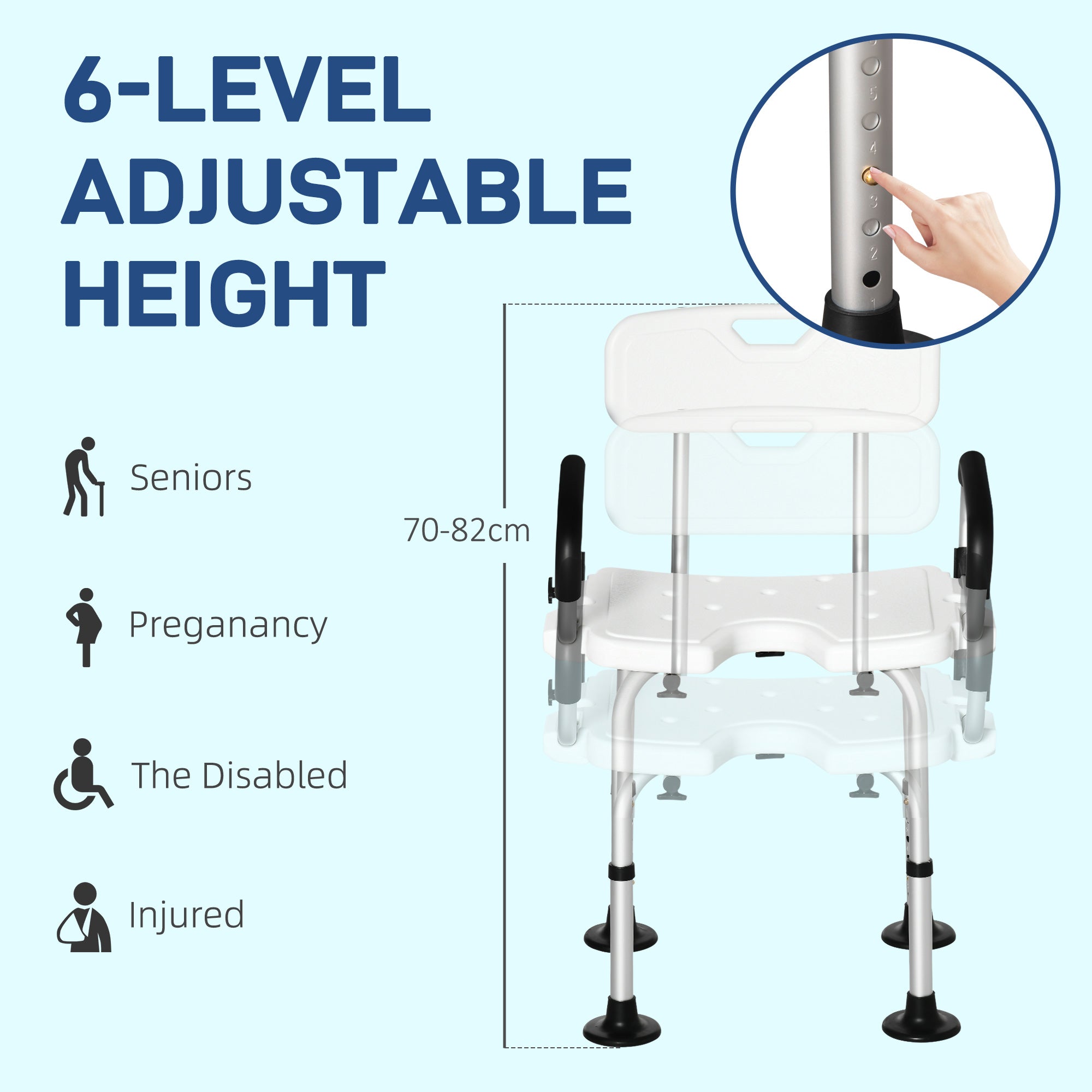 Shower Chair, Height Adjustable with Back and Flipped Padded Arms, White
