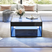Coffee Table with 2 Drawers and LED Tempered Glass Top, High Gloss Black