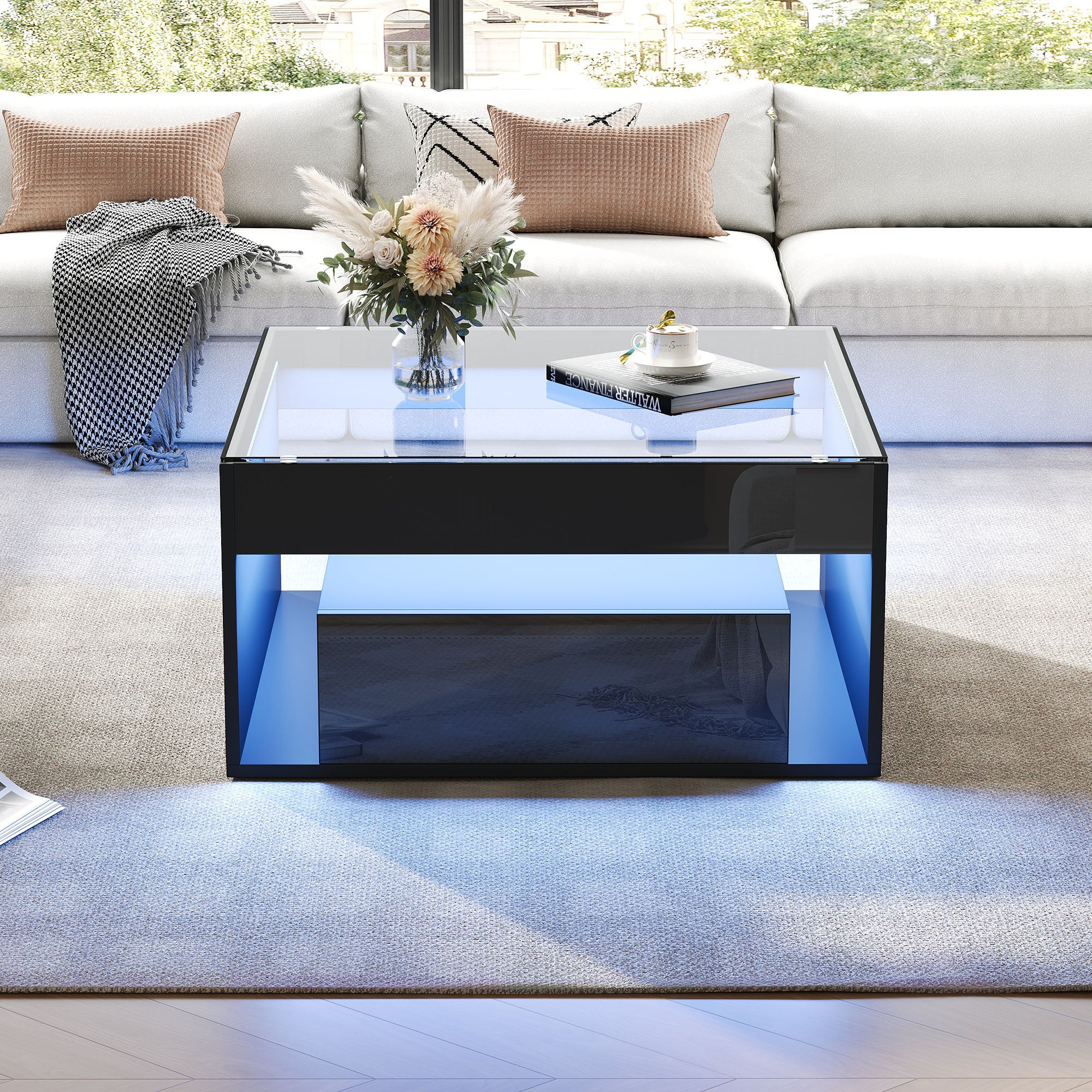 Coffee Table with 2 Drawers and LED Tempered Glass Top, High Gloss Black