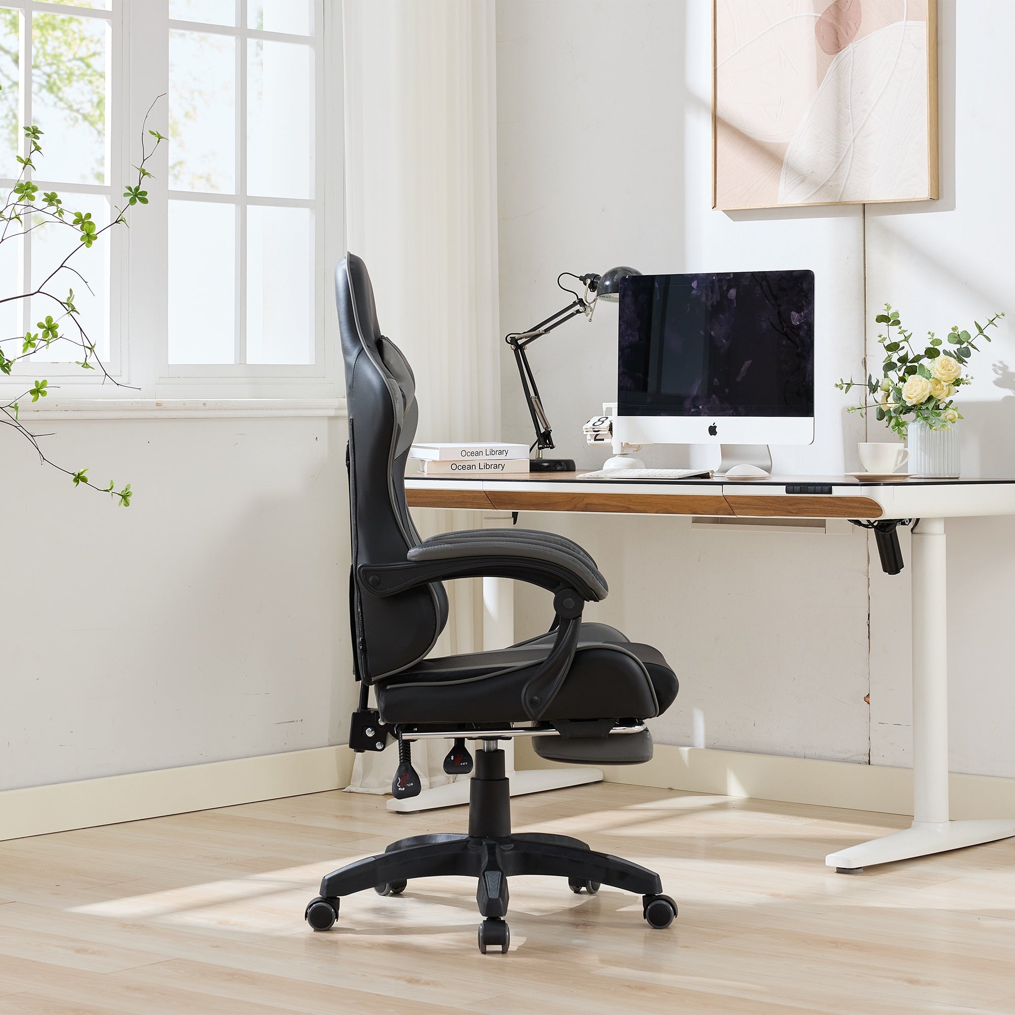 Gaming Chair Ergonomic Racing Design High-Back Adjustable Footrest & Lumbar Support Leather - Black & Grey