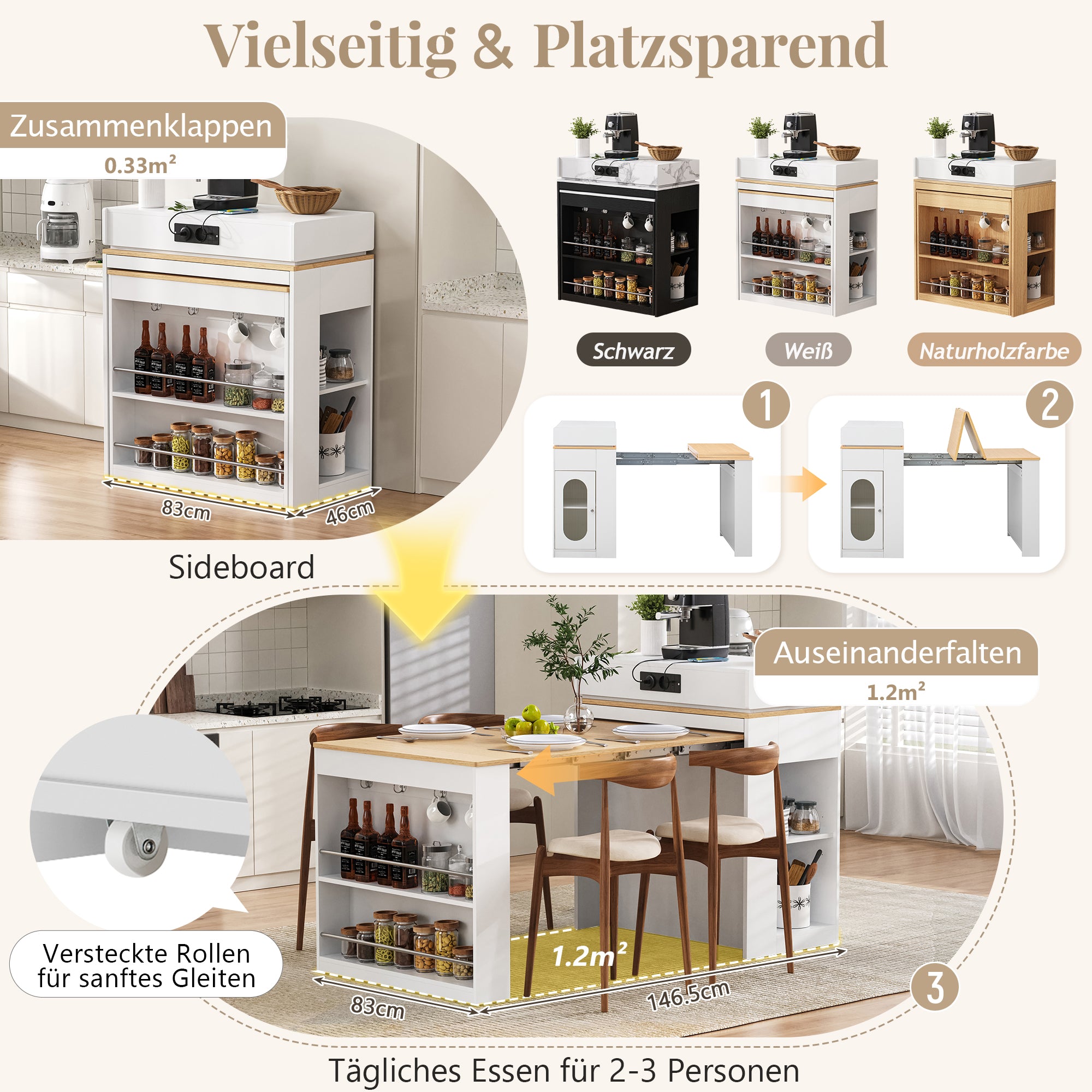 Kitchen Island with Wheels, Extendable Folding Tabletop, Power Strips & Hooks - White