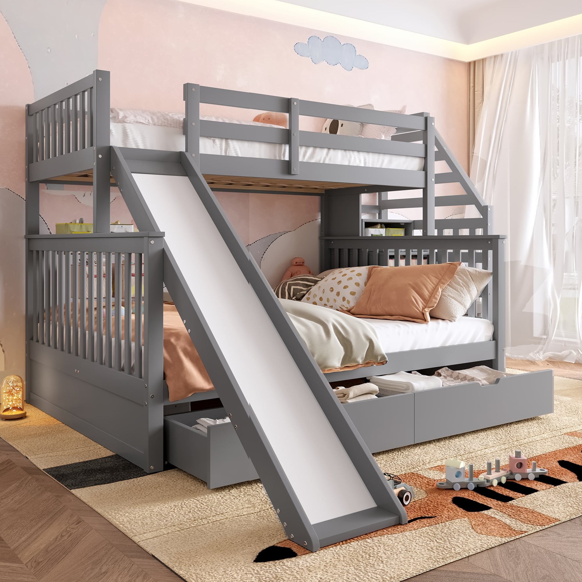 Bunk bed, 90 x 200 over 140 x 200, drawers, storage, slide, grey