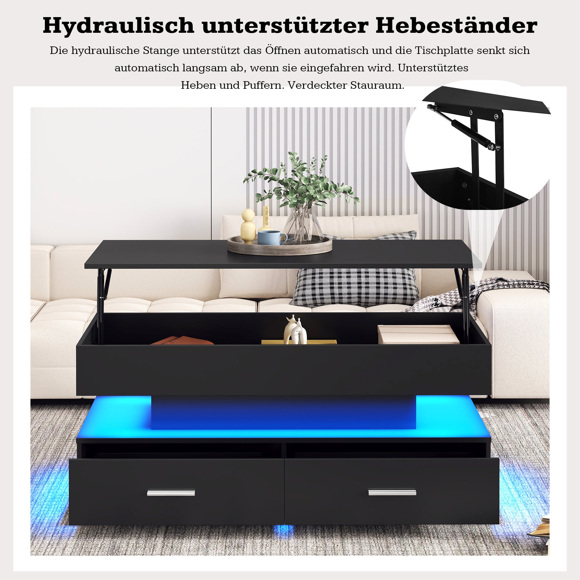 Coffee Table, Hydraulic Height-Adjustable with LED & Bluetooth, 2 Drawers, Black