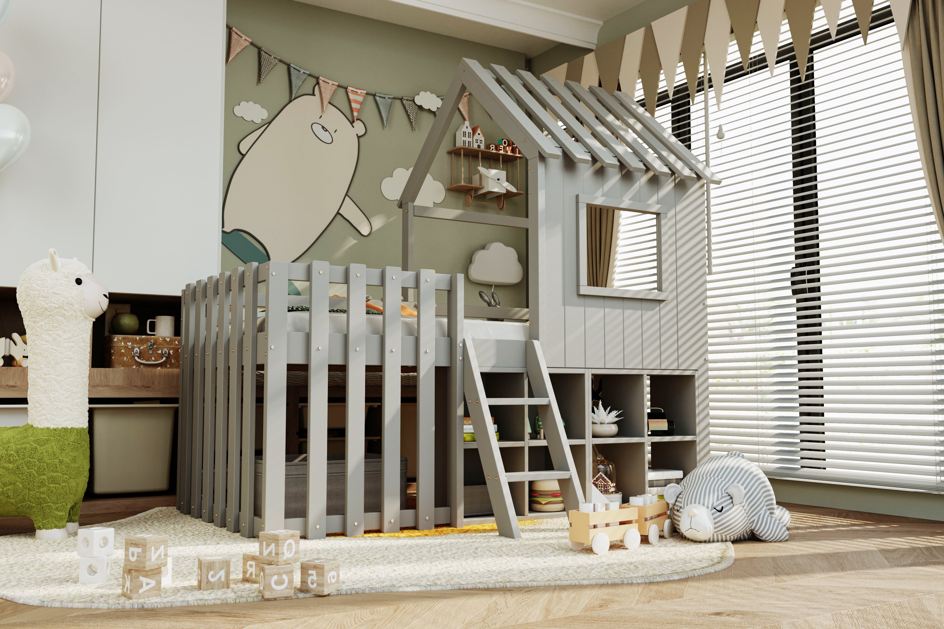 Children's House Bed 90x200, Roof & Window, Open Storage, Climbing Ladder, Solid Wood, Gray