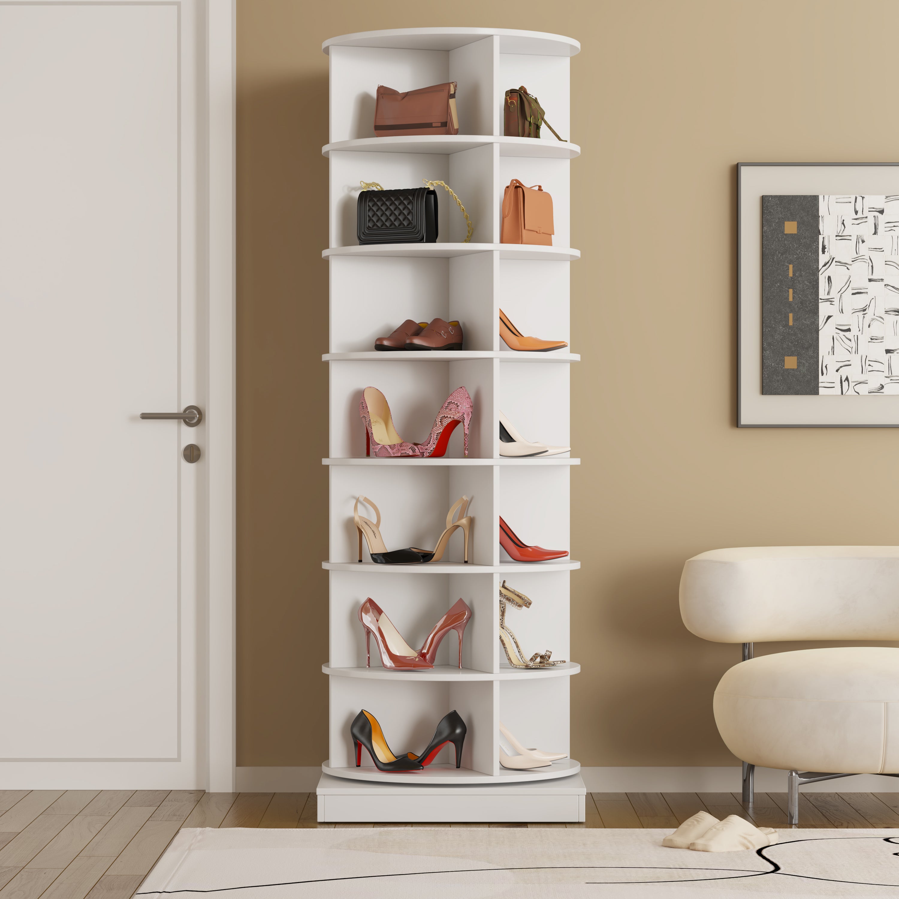360° Rotating Shoe Cabinet, 7 Shelves, Holds up to 28 Shoes, White