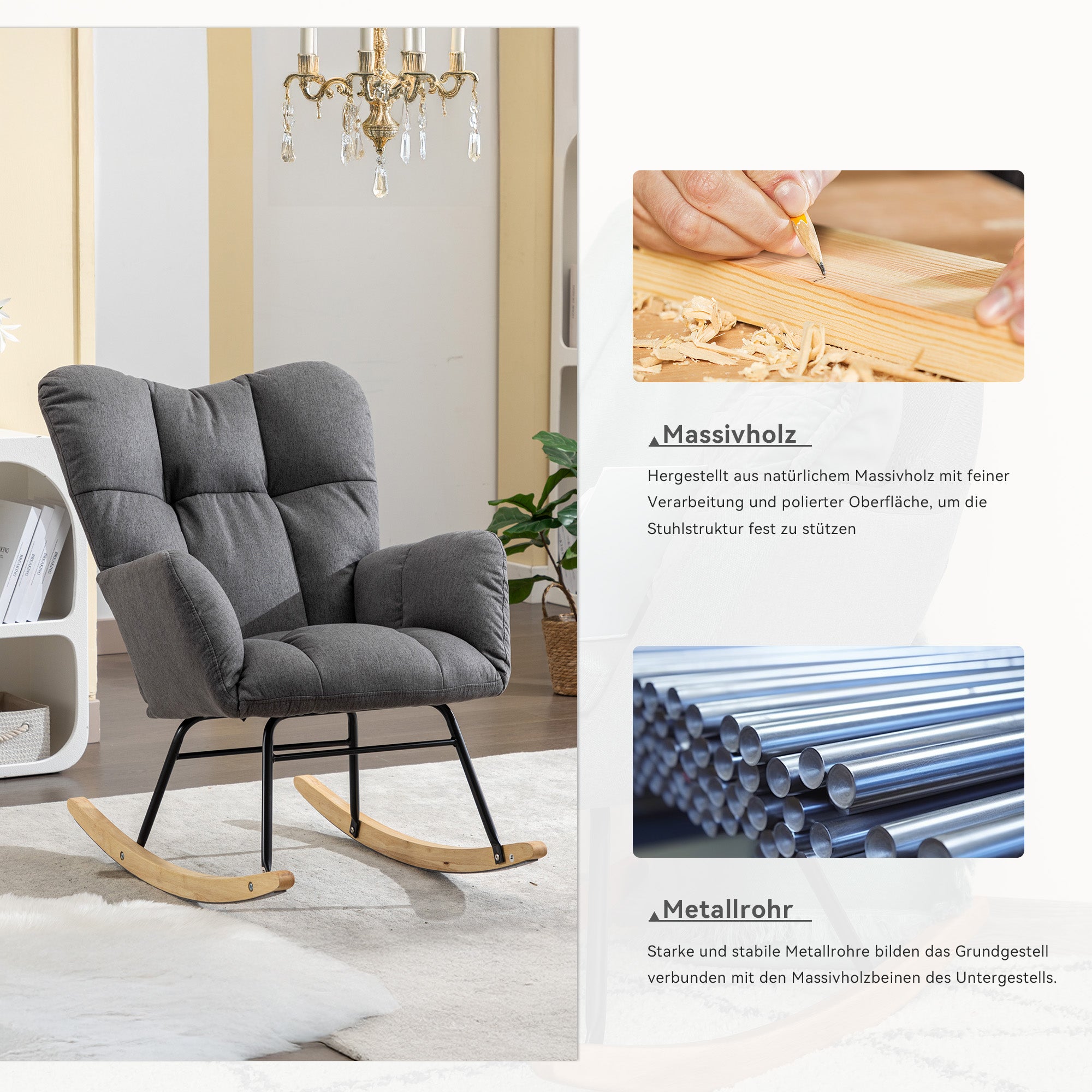 009 Mid-Century Modern Armchair with Quilting, Upholstered Seat, Linen Fabric, Grey