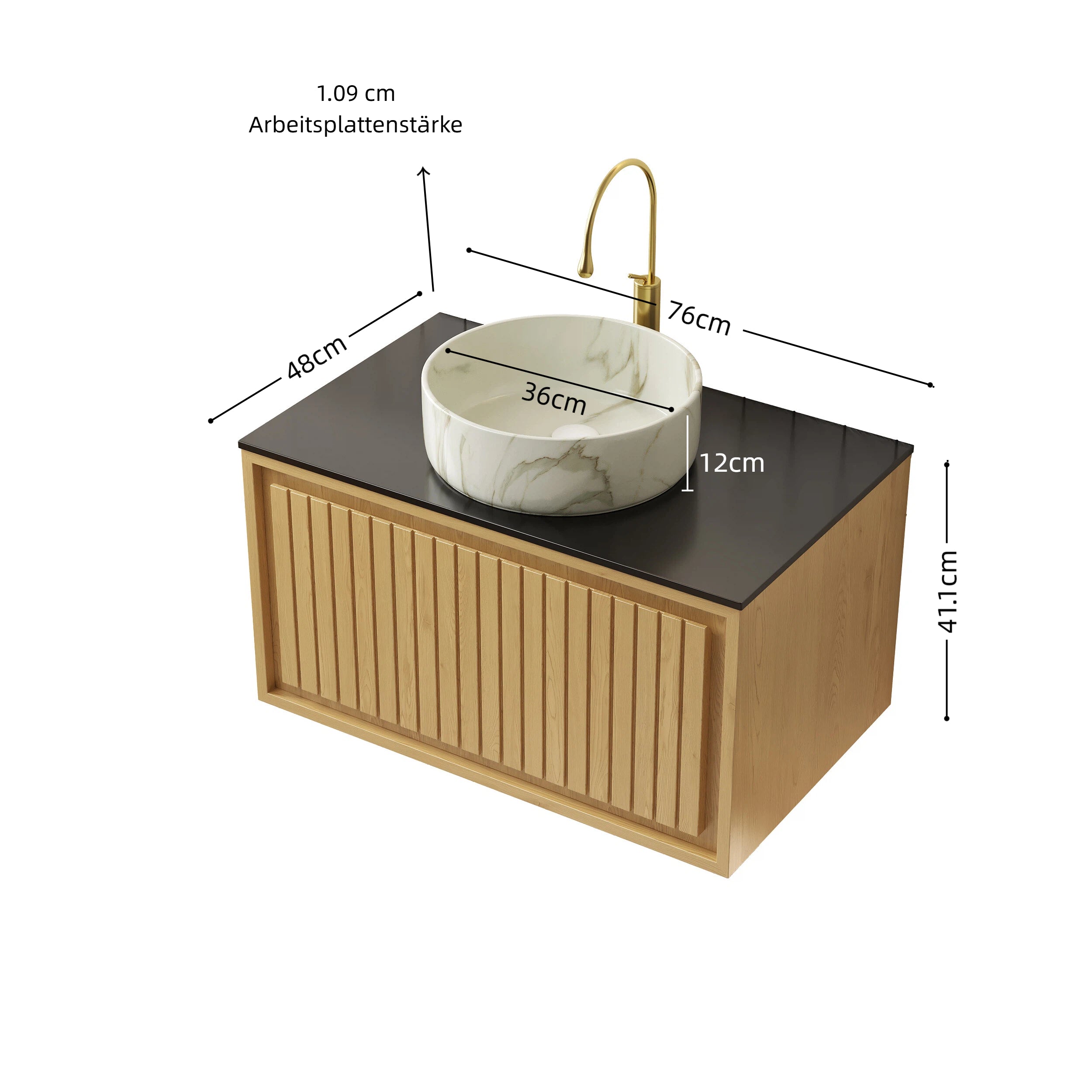 Wall-Hung Bathroom Sink with Sintered Stone Countertop and Ceramic Basin, Corolla Oak Wood Grain