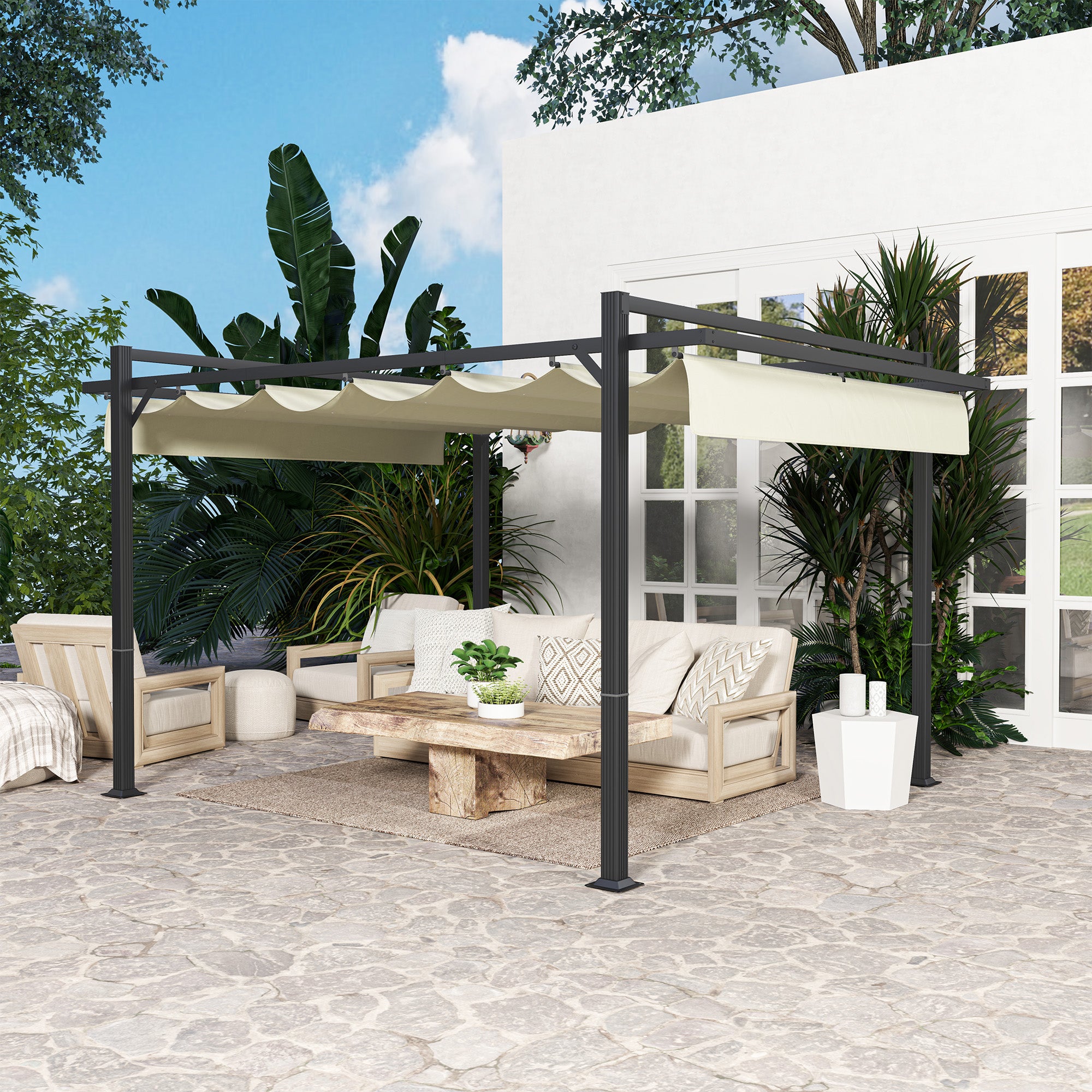 Aluminium Pergola, 3 x 4m with Retractable Roof - Grey/Khaki