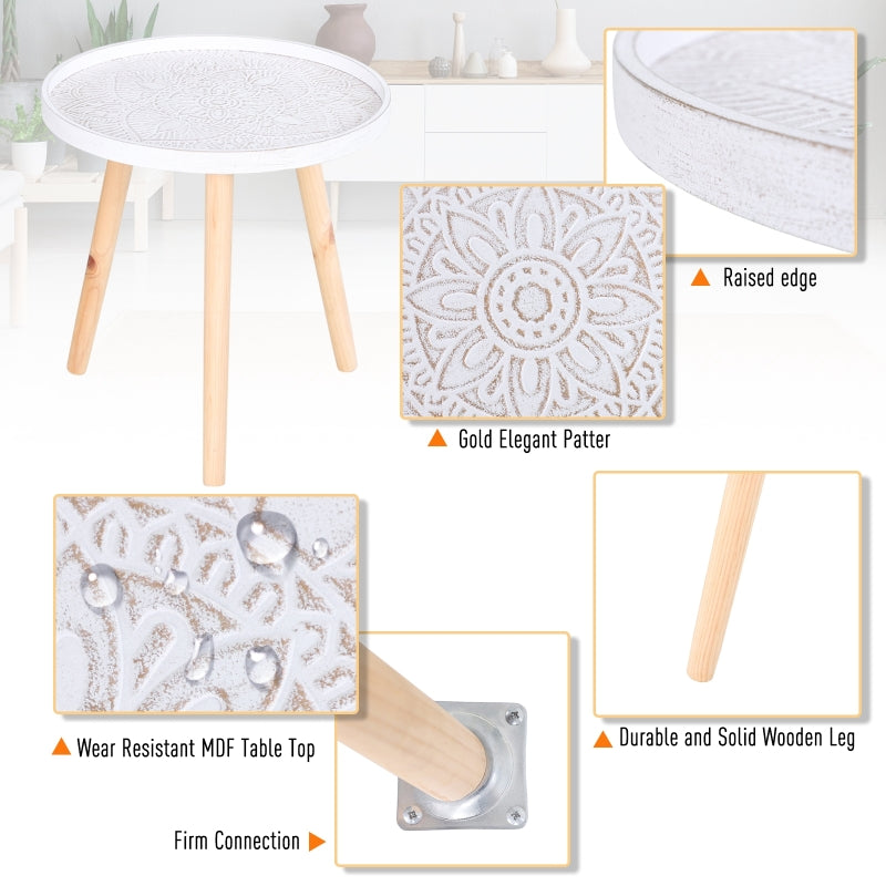 Coffee Table, Carved Floral Round with Tray-style Top and Wood Legs, White