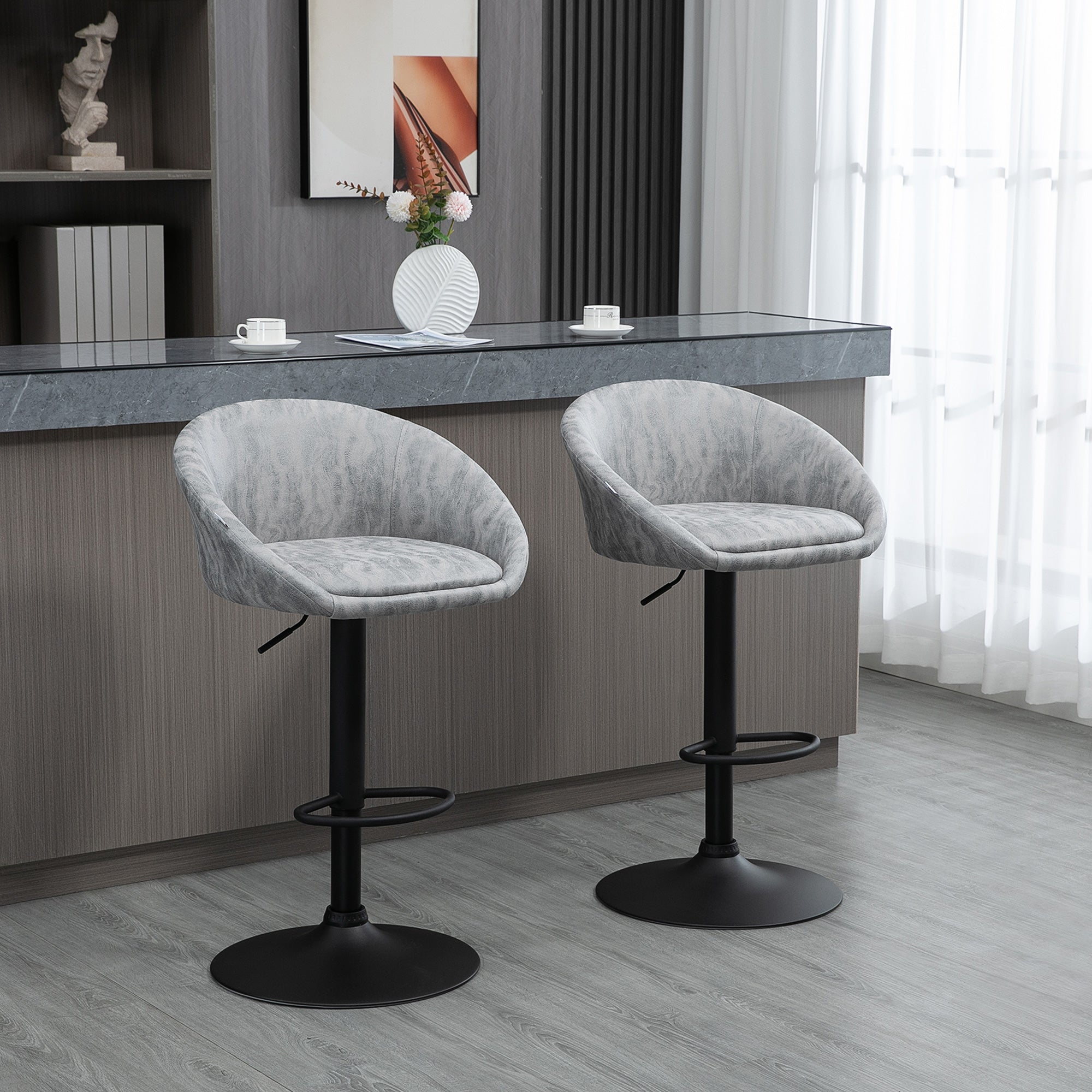 Modern Bar Stools - Height Adjustable Swivel Barstools with Backrest, Armrests and Footrest, Light Grey PU Leather