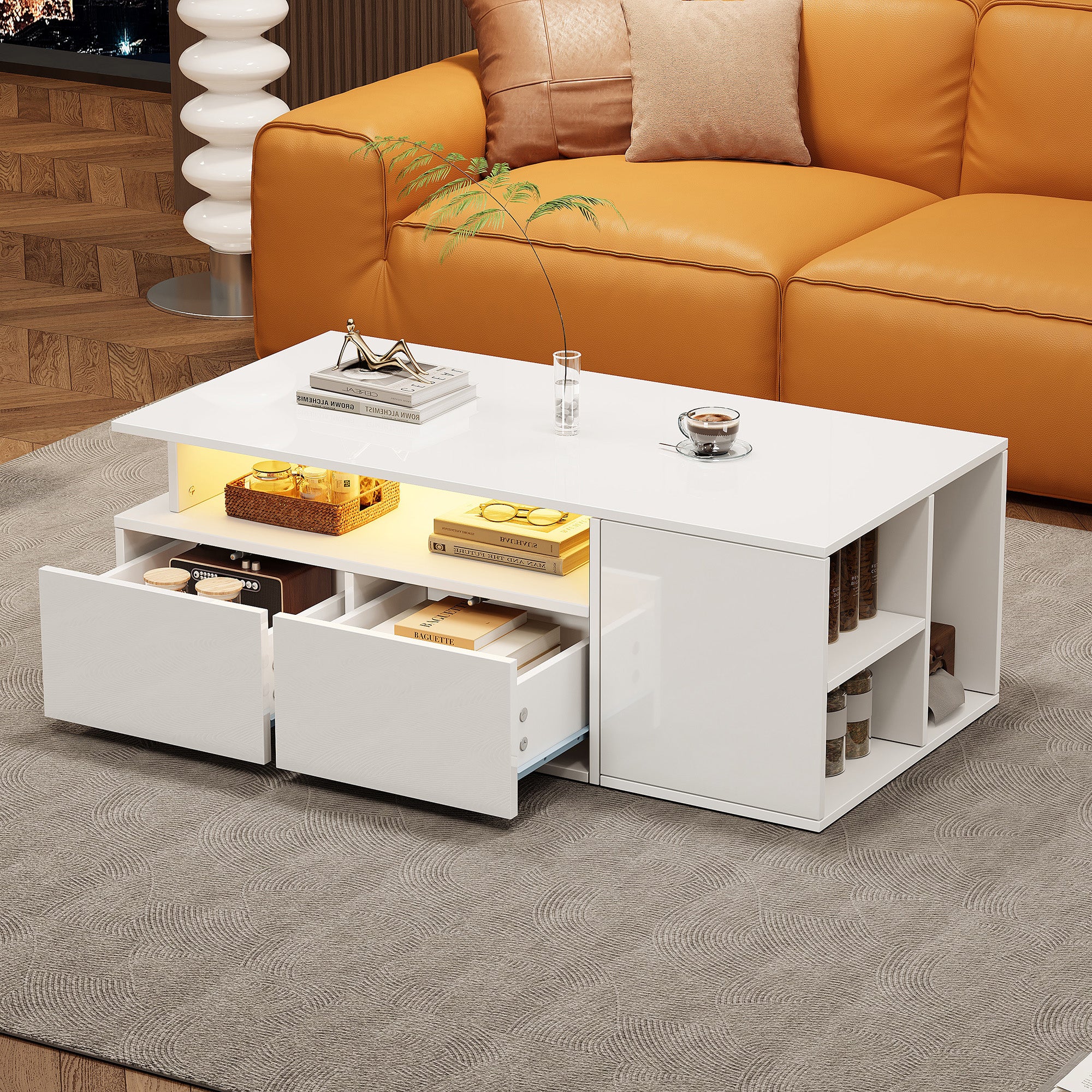 Coffee Table 100x50x35cm LED Lighting 2 Drawers, White