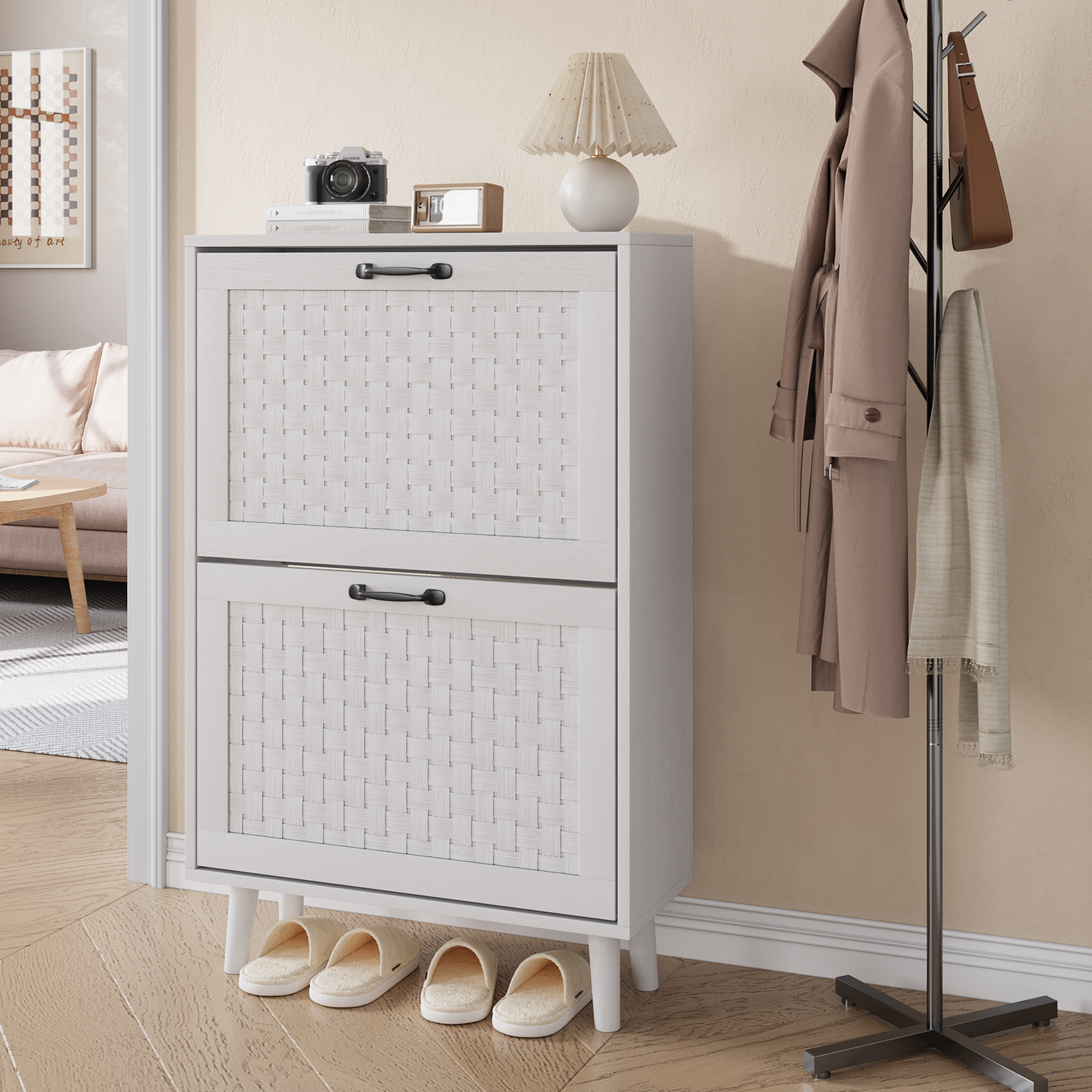 Shoe Storage Cabinet, Rattan Drawers Solid Wood Legs Narrow Slim, Handmade