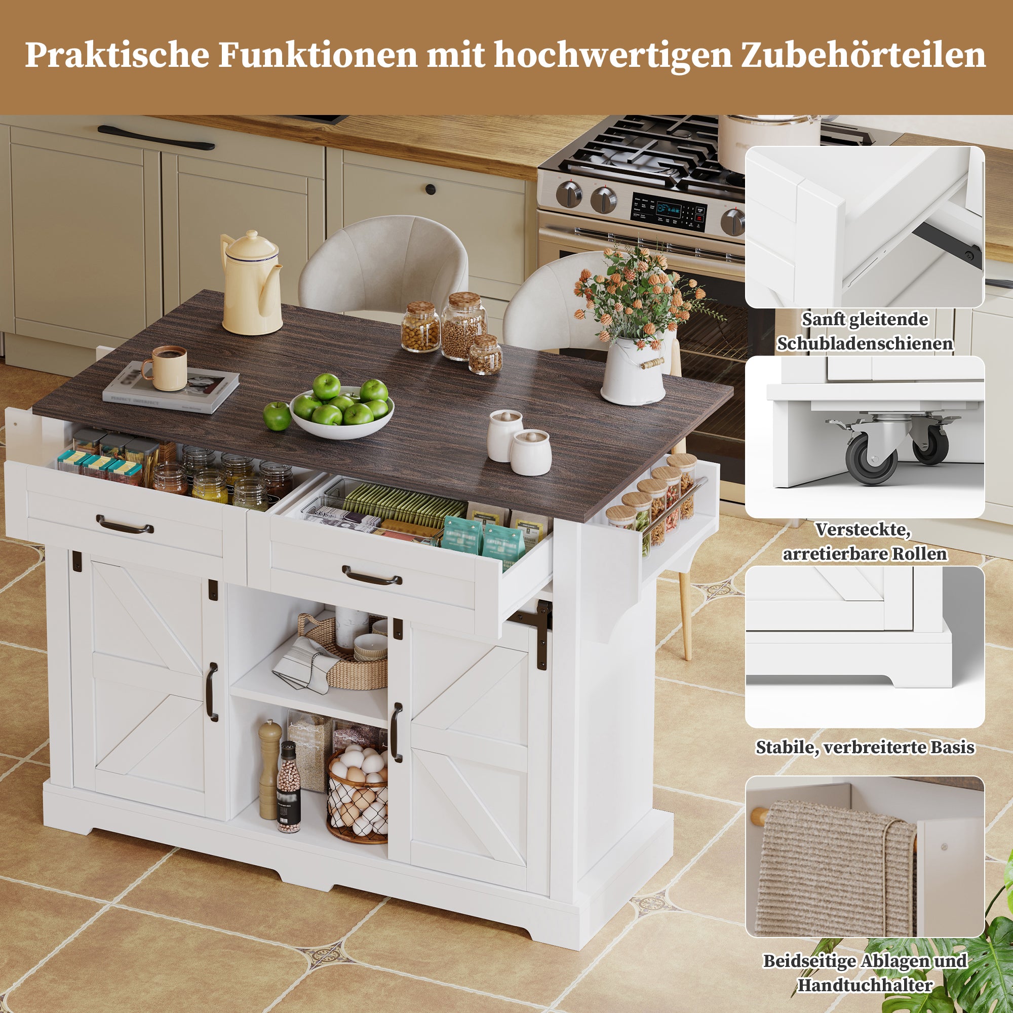 Kitchen Island with Fold-Down Worktop and Sliding Doors, Barn Style, White