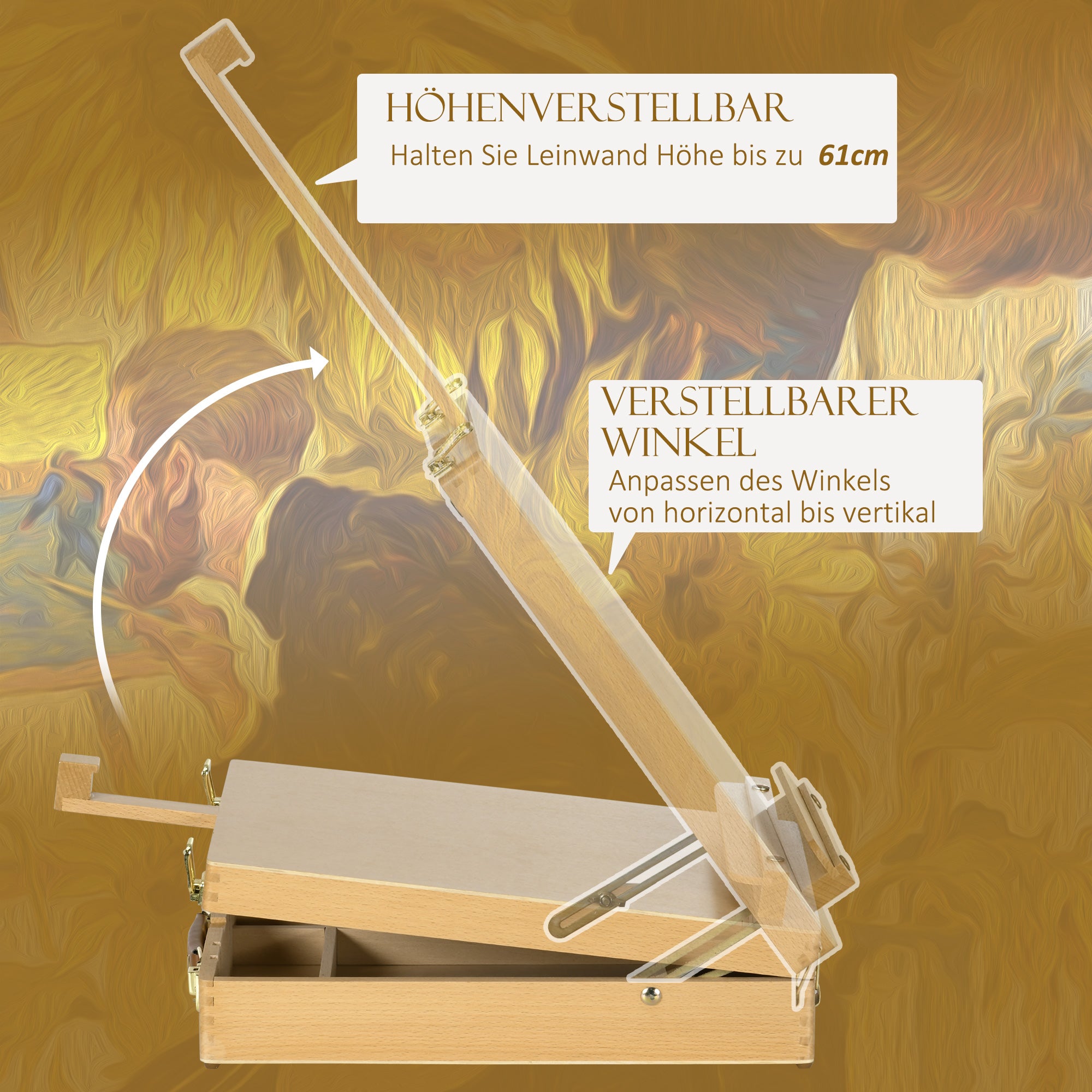 Table Easel, Angle-Adjustable Foldable Suitcase with Storage, Wood