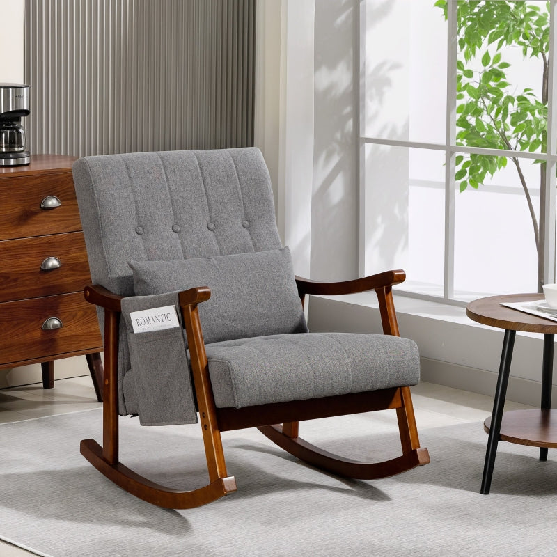 Wood Frame Rocking Accent Chair, 35° Rocking Base with Side Pocket, Grey