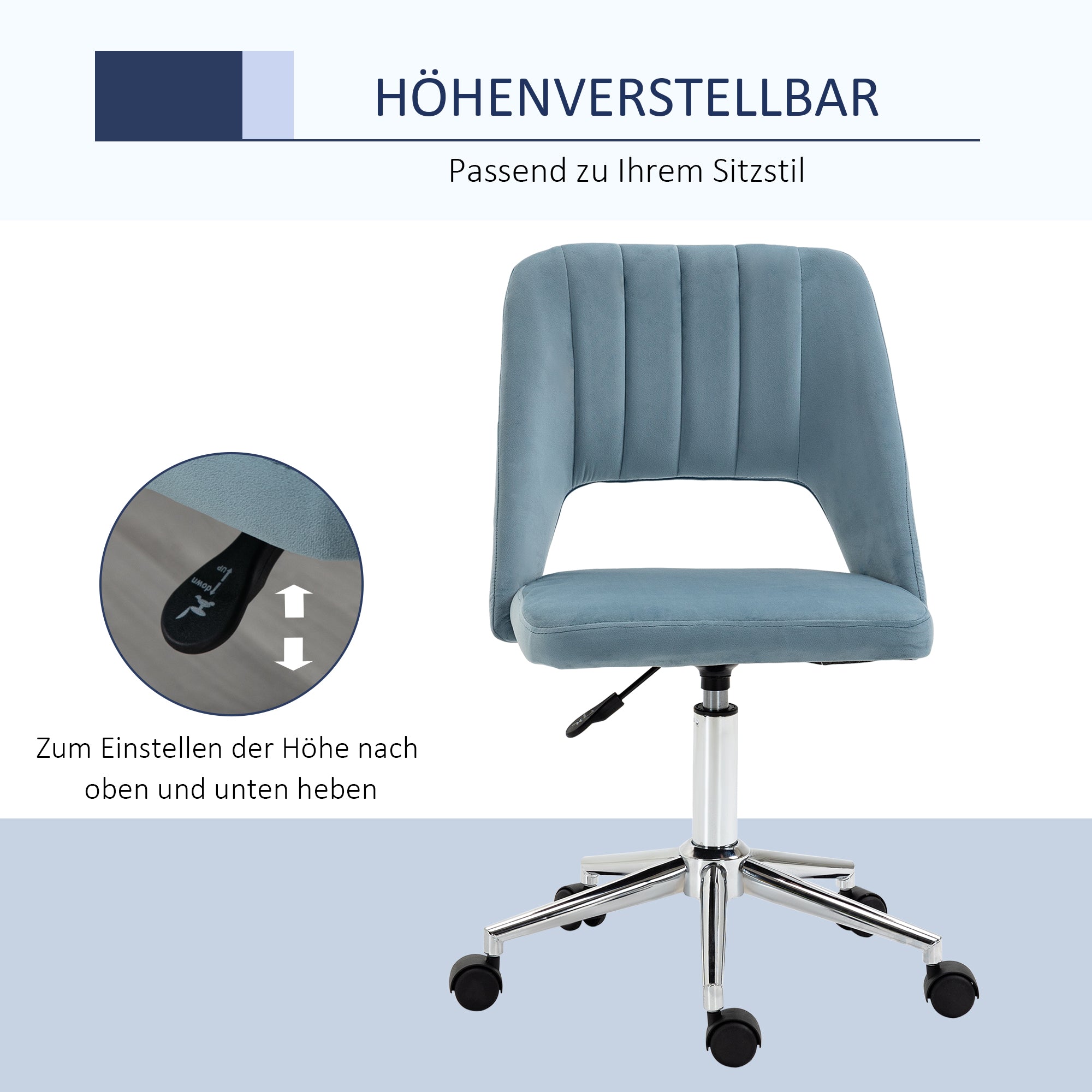Vinsetto Swivel Chair, Height Adjustable Office, Blue Velvet