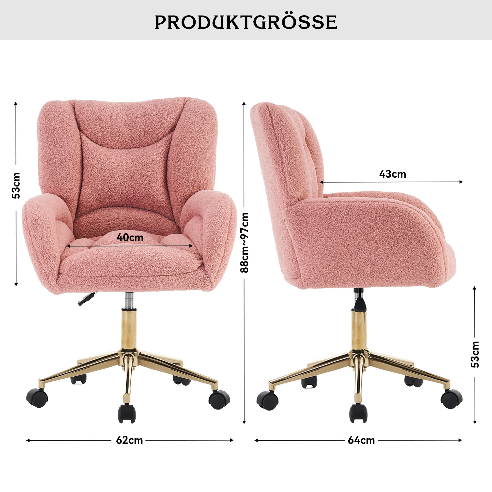 Swivel Chair Height-Adjustable Teddy Fabric Gold Legs - Pink