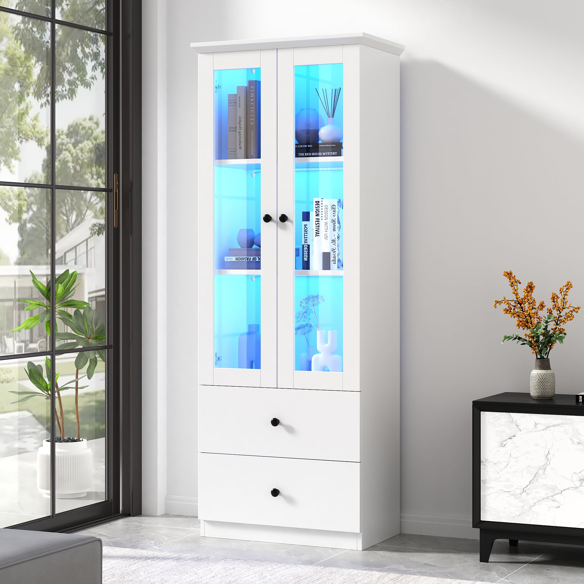 Modern LED Display Cabinet, 165cm, USB Port, 2 Drawers, Hinged Doors, Matte White MDF
