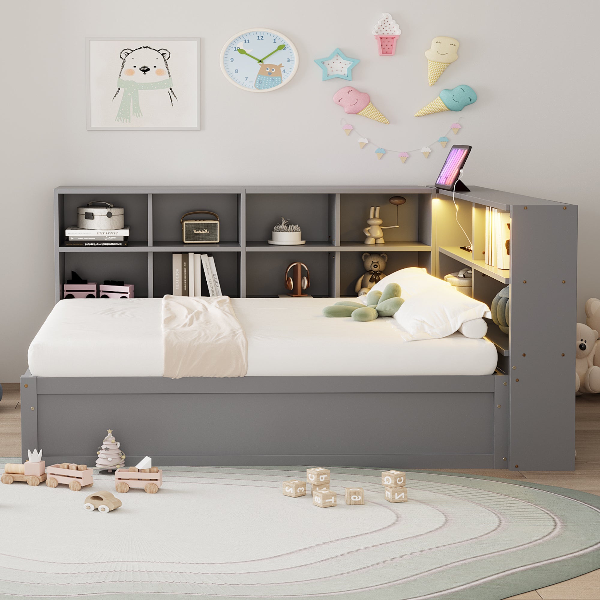 Sofa bed 90*200, multiple sockets, storage, light bar, hydraulic, solid wood, single, multifunctional wooden, gray