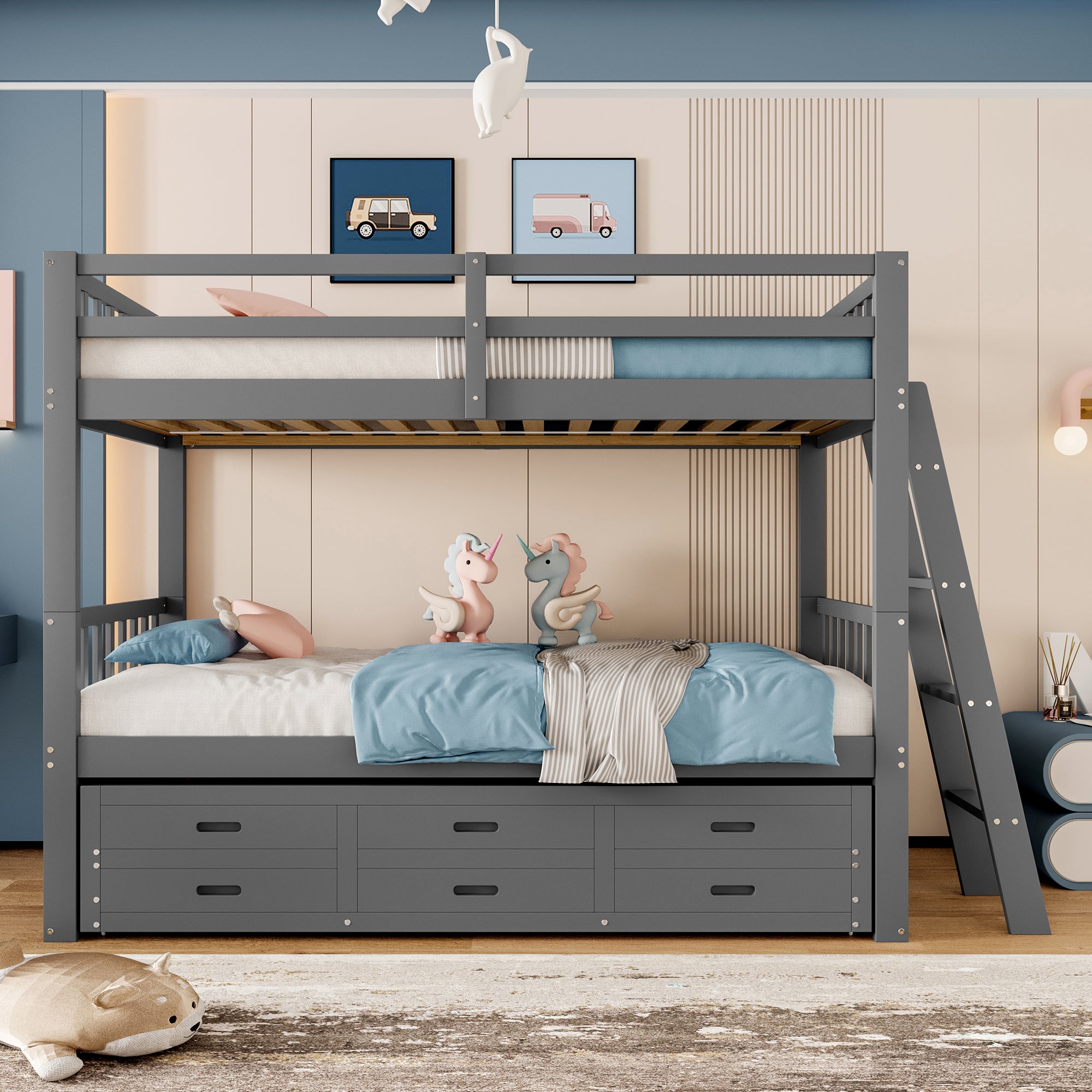Bunk Bed 90x200cm House with Pull-Out Bed, Ladder & 3 Drawers, Pine Wood/MDF Grey