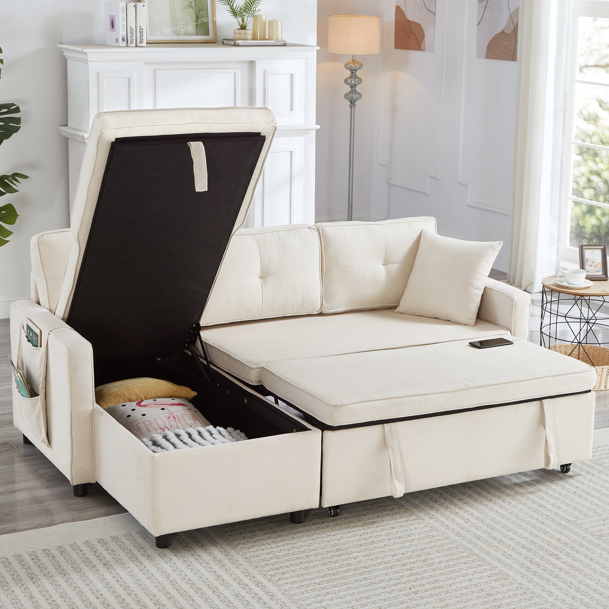 L-Shaped Pull Out Sleep Sofabed, Modern Reversible Sleeper Sectional Sofa with Storage Chaise, Drop-Down Table, Cup Holders and Charging Ports (USB & Type-C), Beige