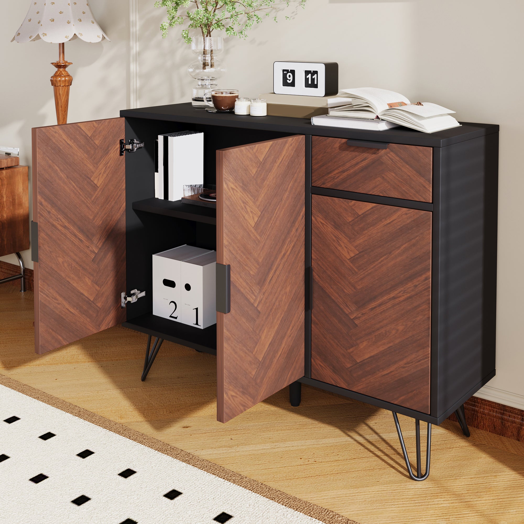 Storage Cabinet, Modern Sideboard with Drawer & Adjustable Shelves, Black & Wood Look