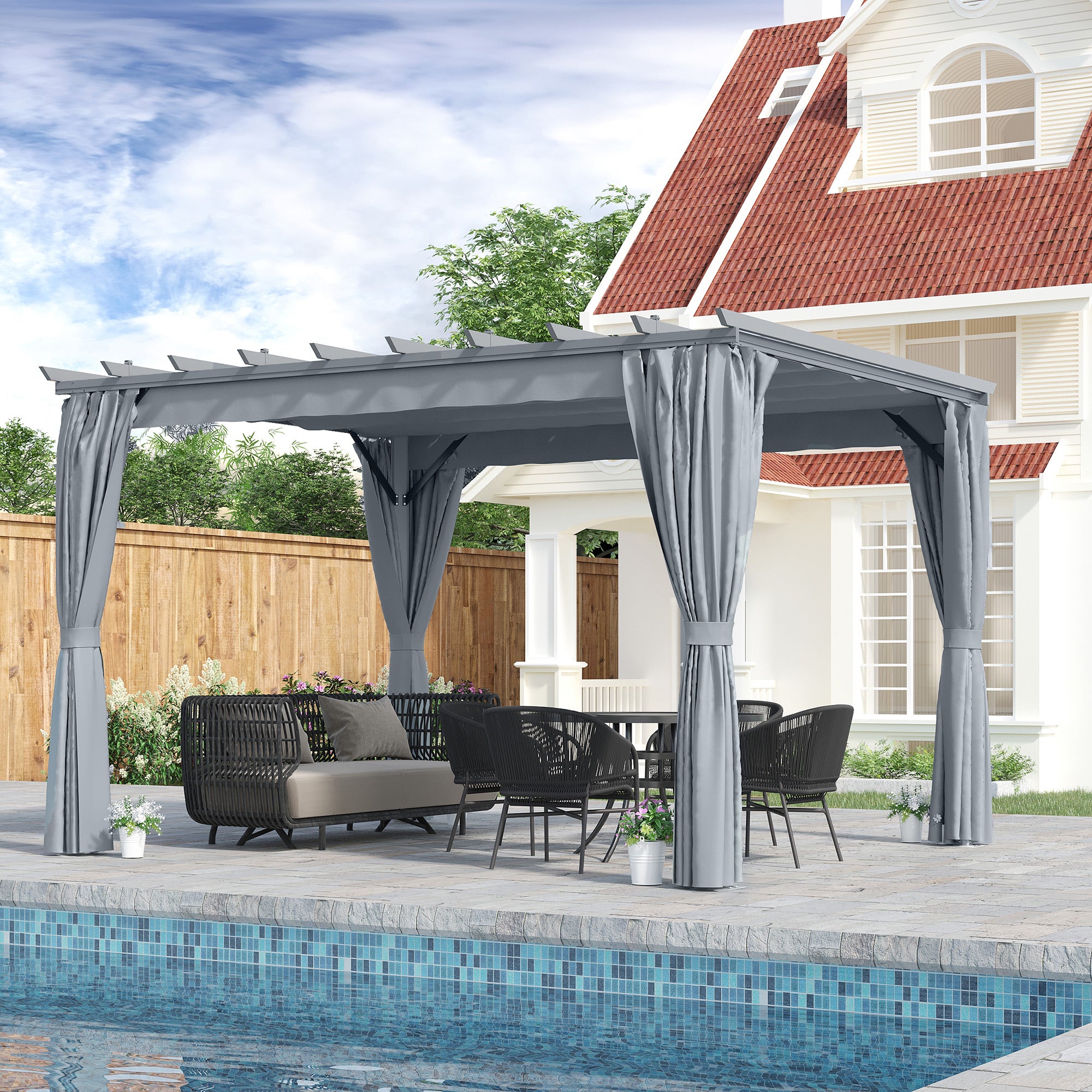 Outdoor Pergola 3.6 x 3m Retractable Roof & Curtains Aluminum Frame, Dark Grey