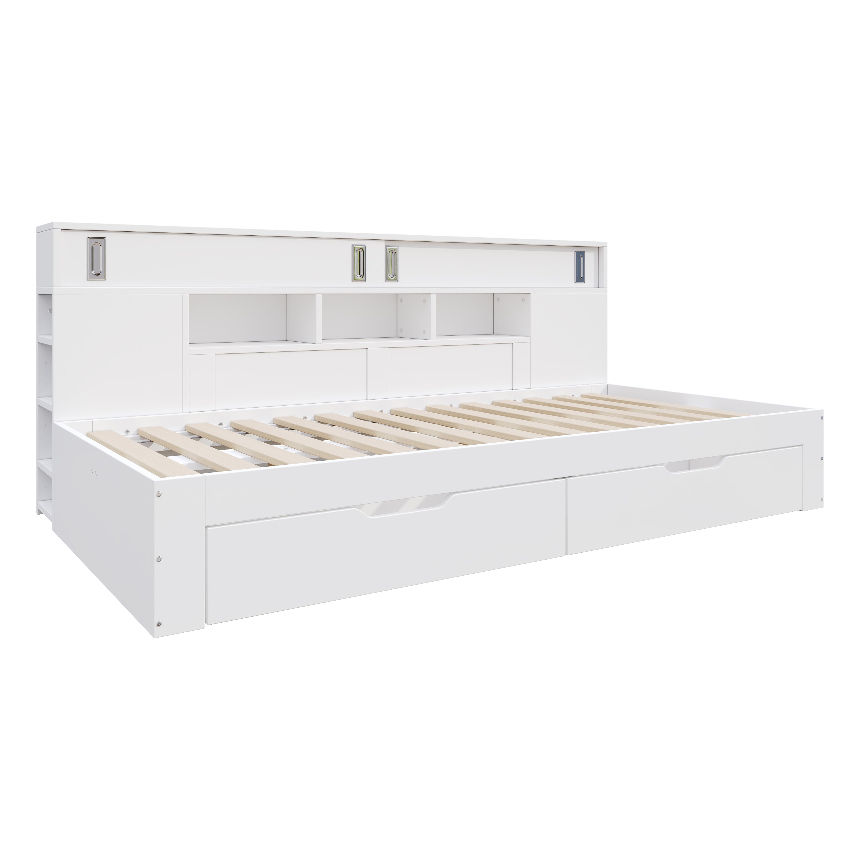 Daybed Single Bed 90x200cm Multifunctional Drawers Bookshelf Storage - White