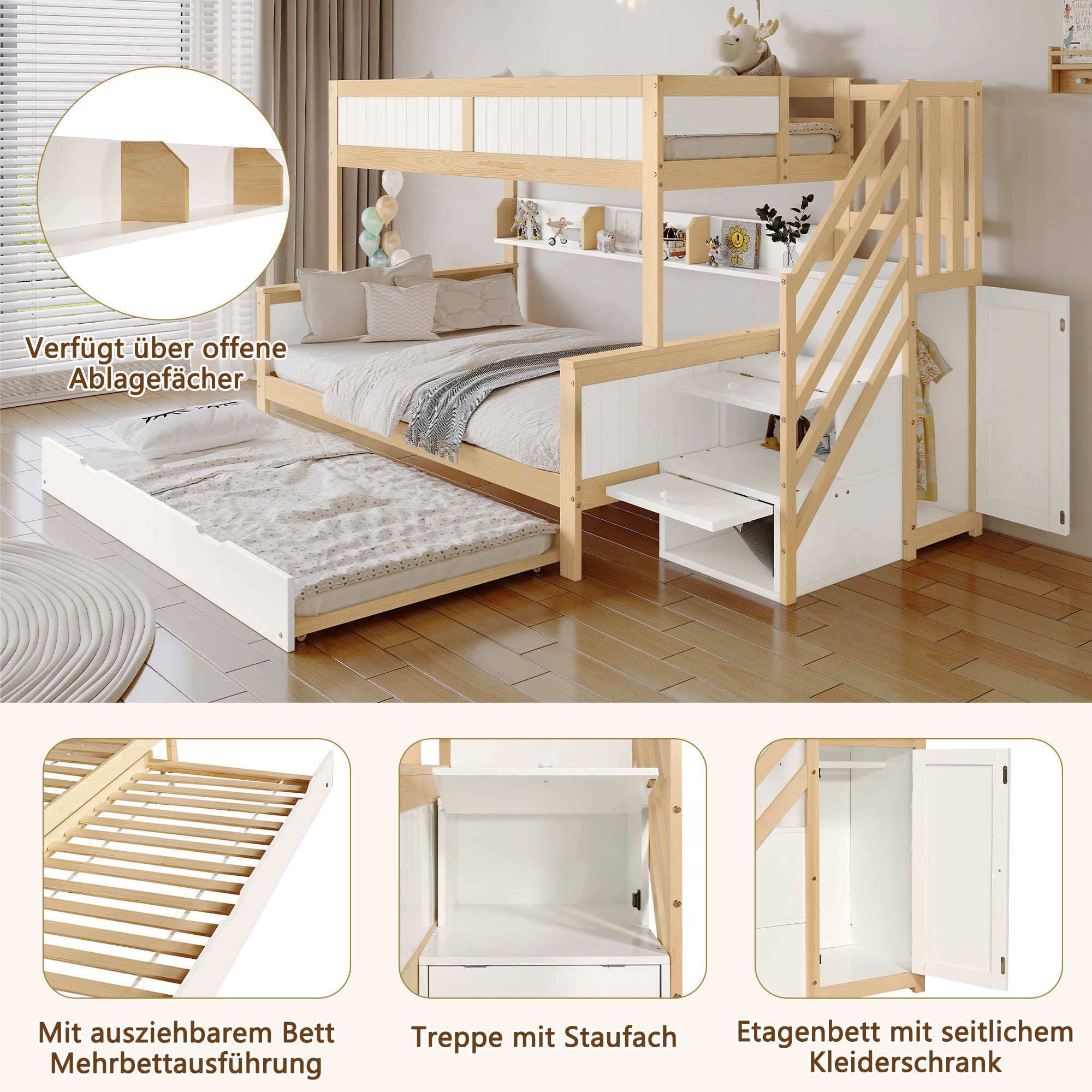 Bunk Bed, Trundle & Wardrobe, Corner Stairs, Pine+MDF, White+Natural