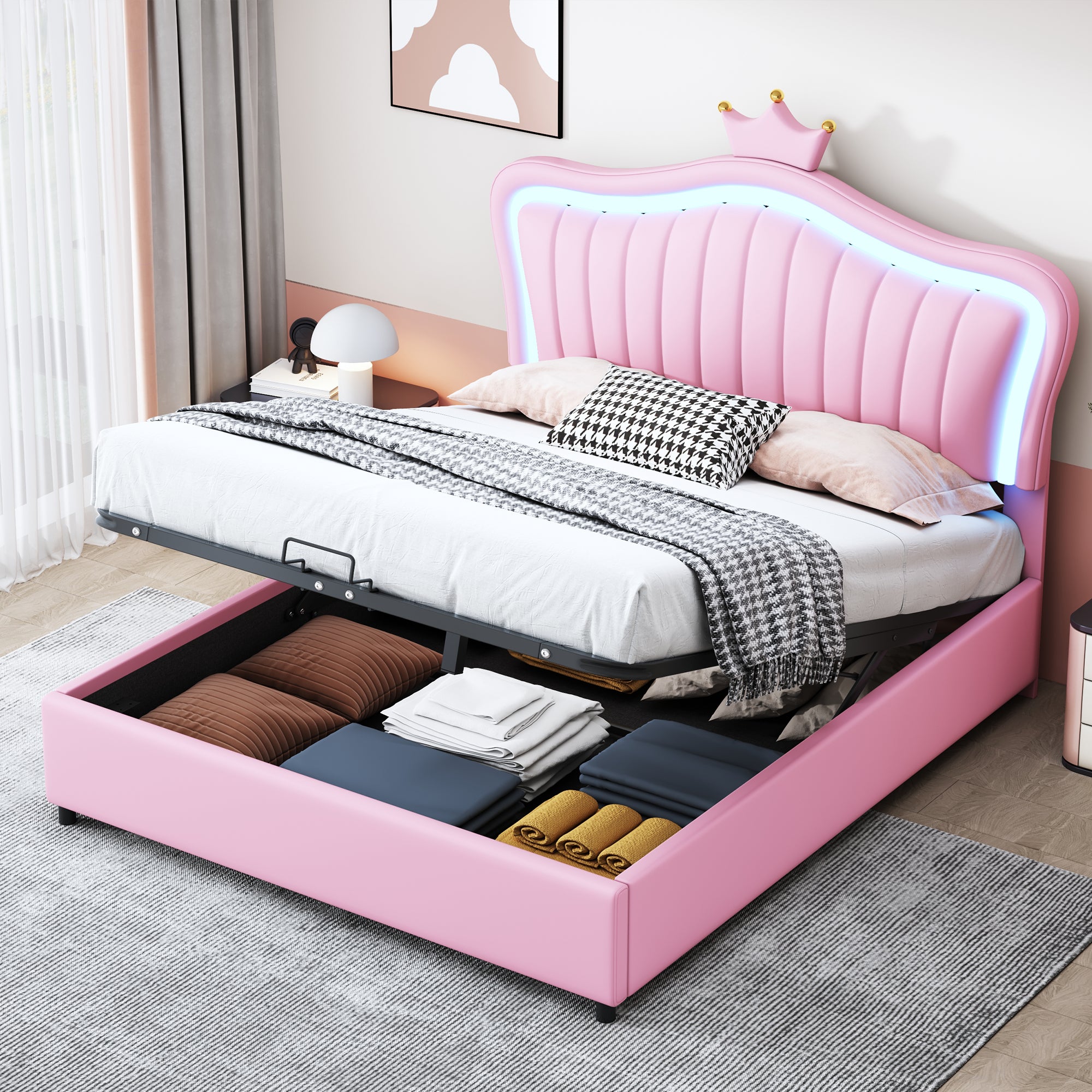Children's Bed, 140x200cm Hydraulic Storage, LED, Pink PU Leather