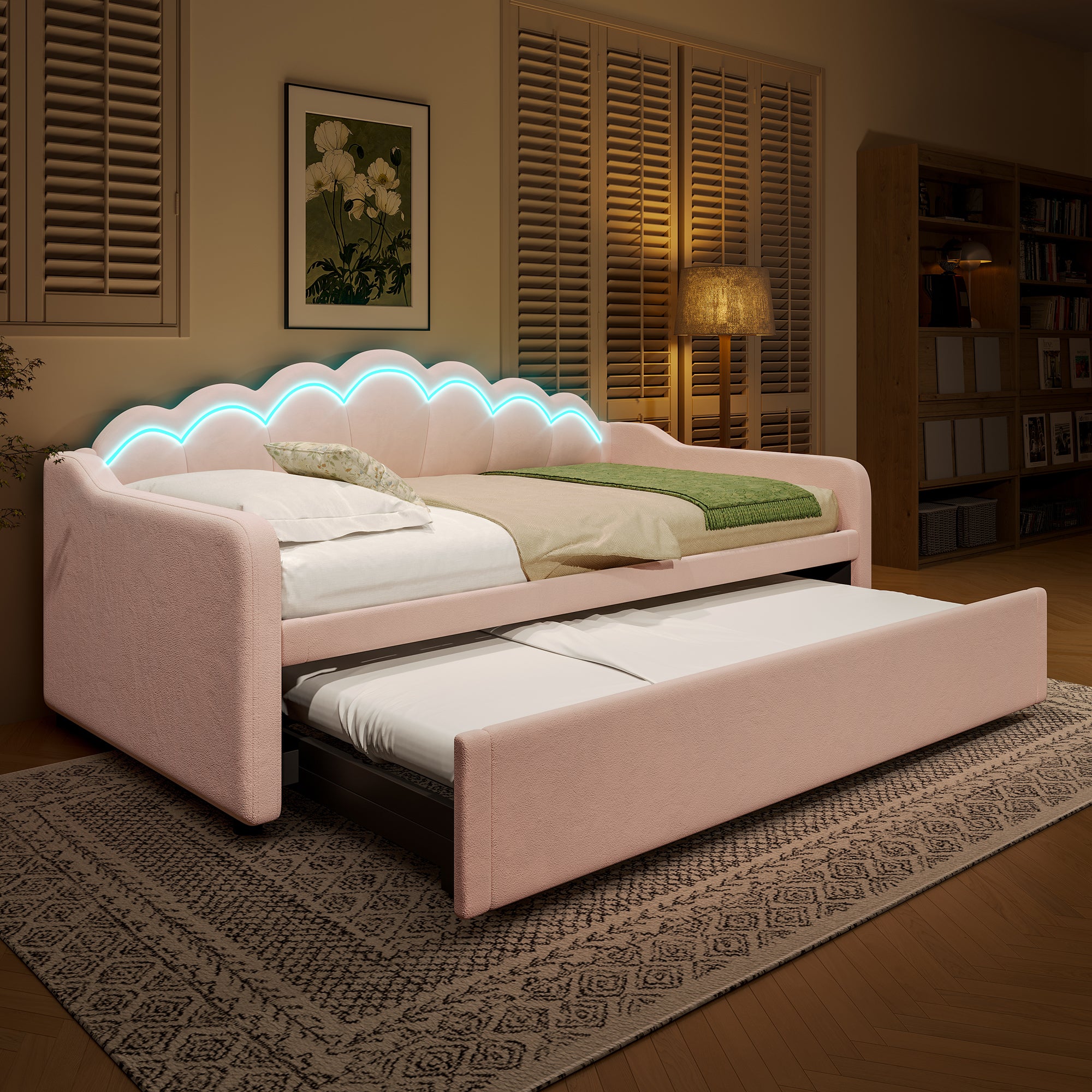 Daybed Sofa Bed Pull-out Bed LED Strip 90/180x200cm - Velvet Pink