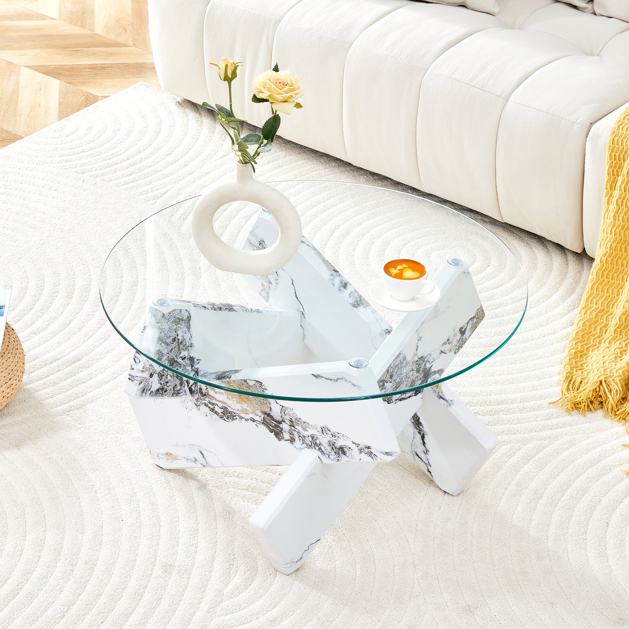 Round Coffee Table Glass Top 79cm Marble Look Legs - Multi-color