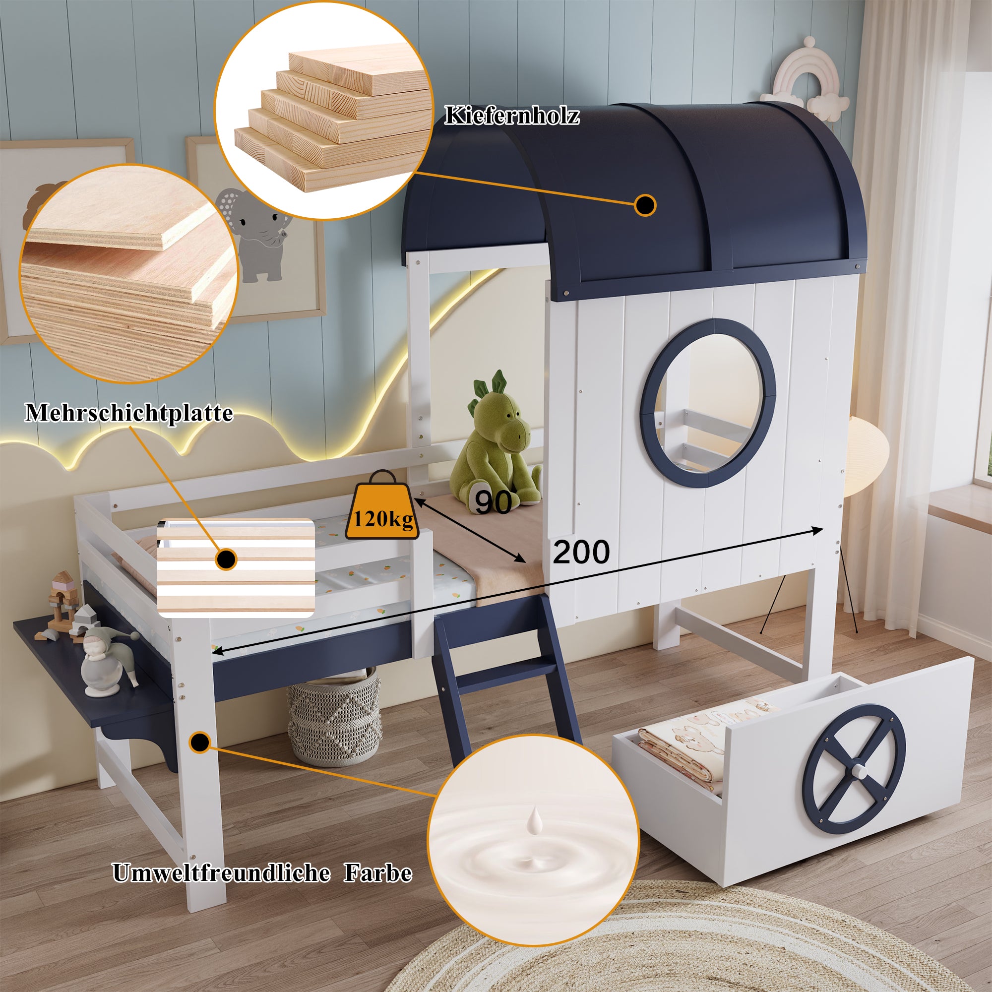 Bunk Bed, Half-Height Kids Bed with Roof, Window, Drawer & Ladder, Pine + MDF + Plywood, White + Dark Blue, 90x200cm