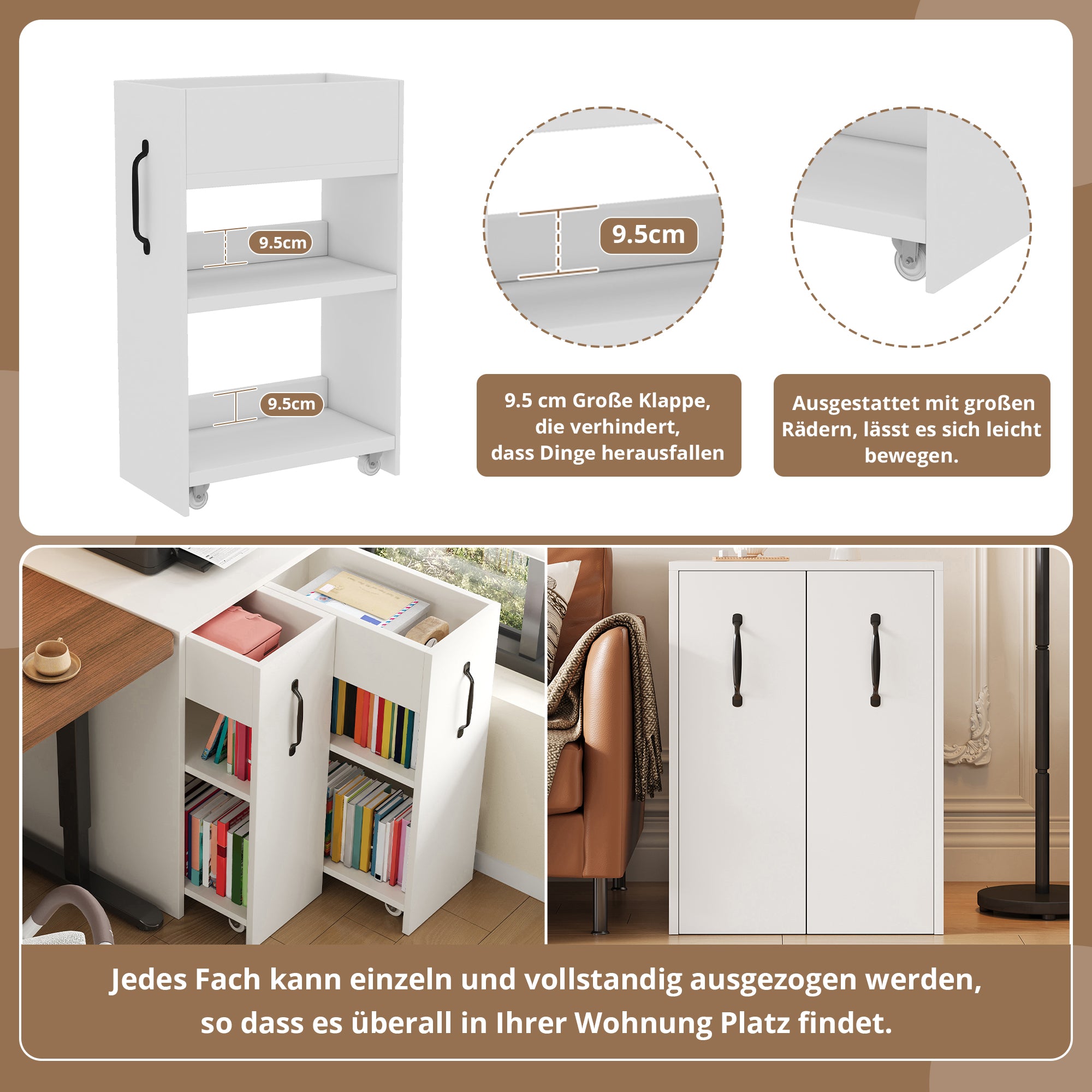 Small Bookcase with Wheels, Shelves, Drawers, and Reversible Configuration