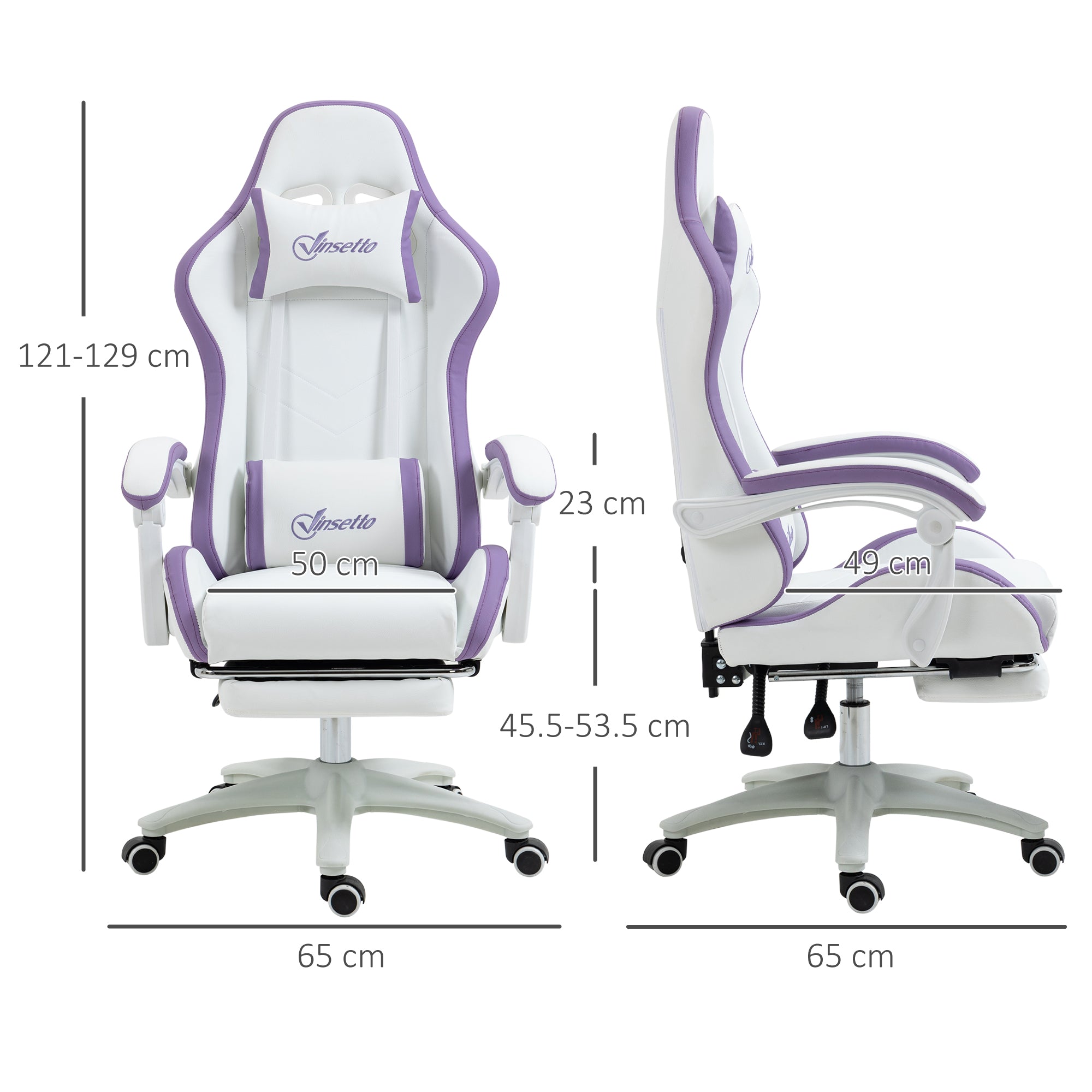 Computer Gaming Chair with Footrest, 135° Reclining Back, Lumbar Support, PU Leather, White and Purple