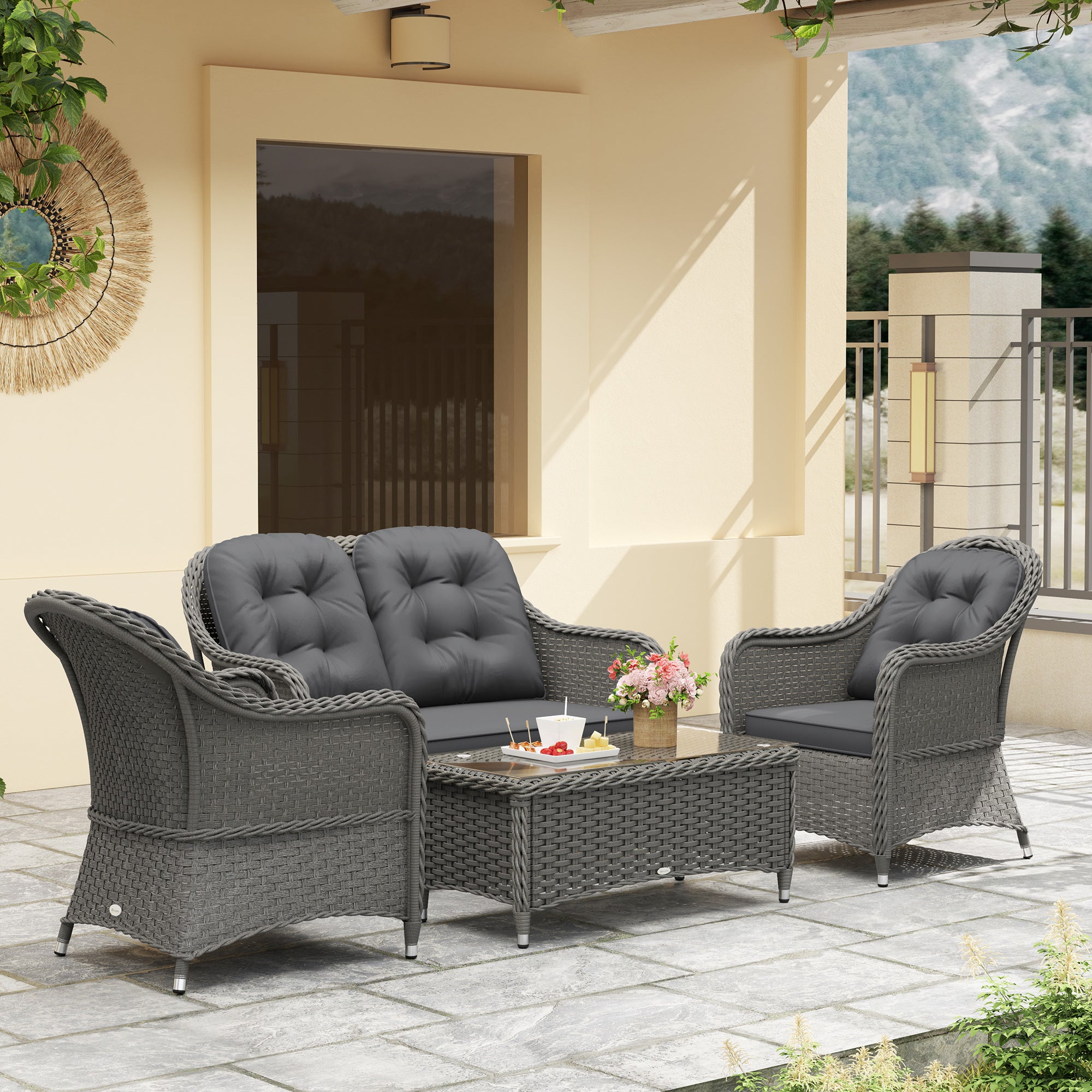 Four-Piece Sofa Set, Rattan with Glass-Top Table, Light Grey