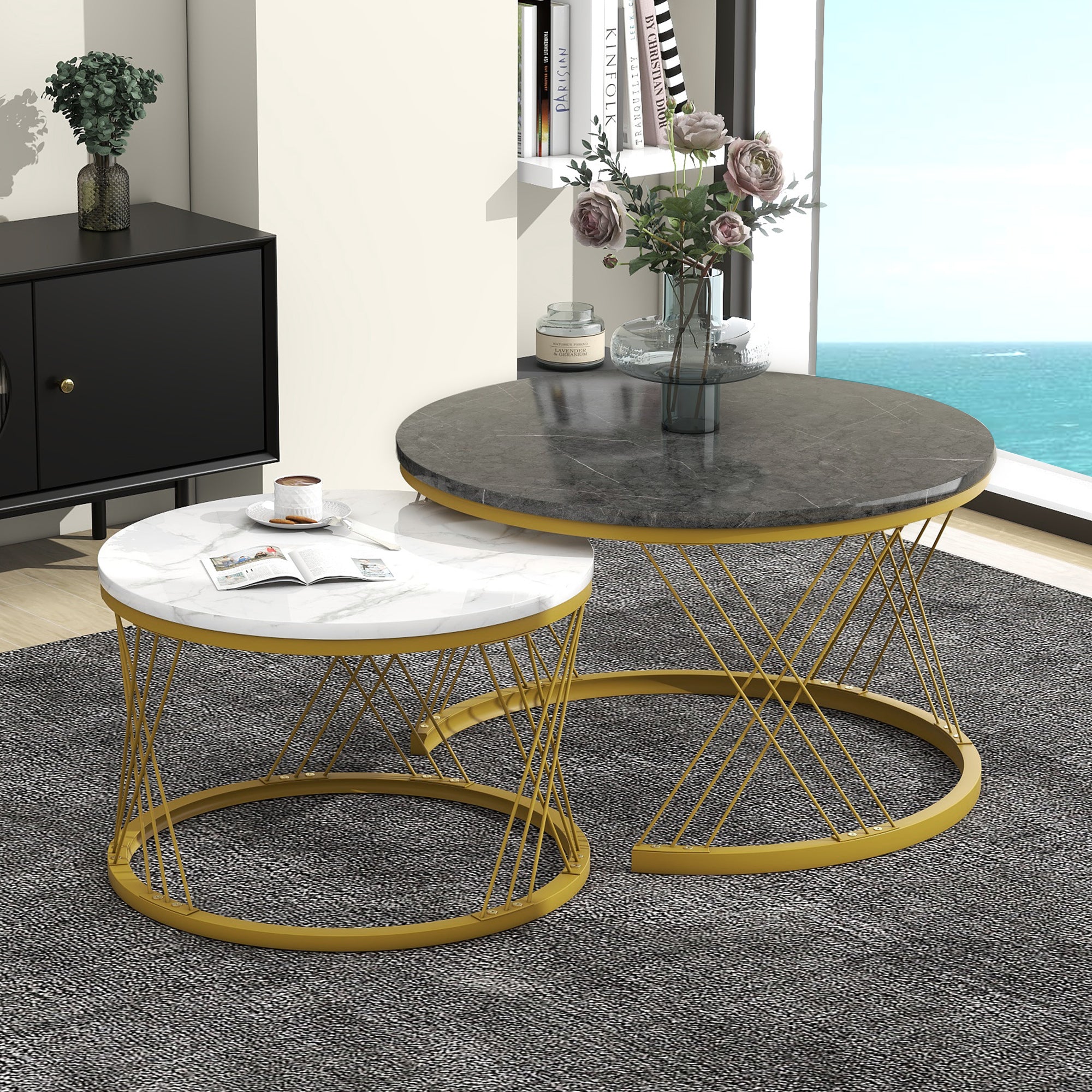 Nesting Coffee Table Set Modern Round Set of 2 Marble Veneer - Gold Frame