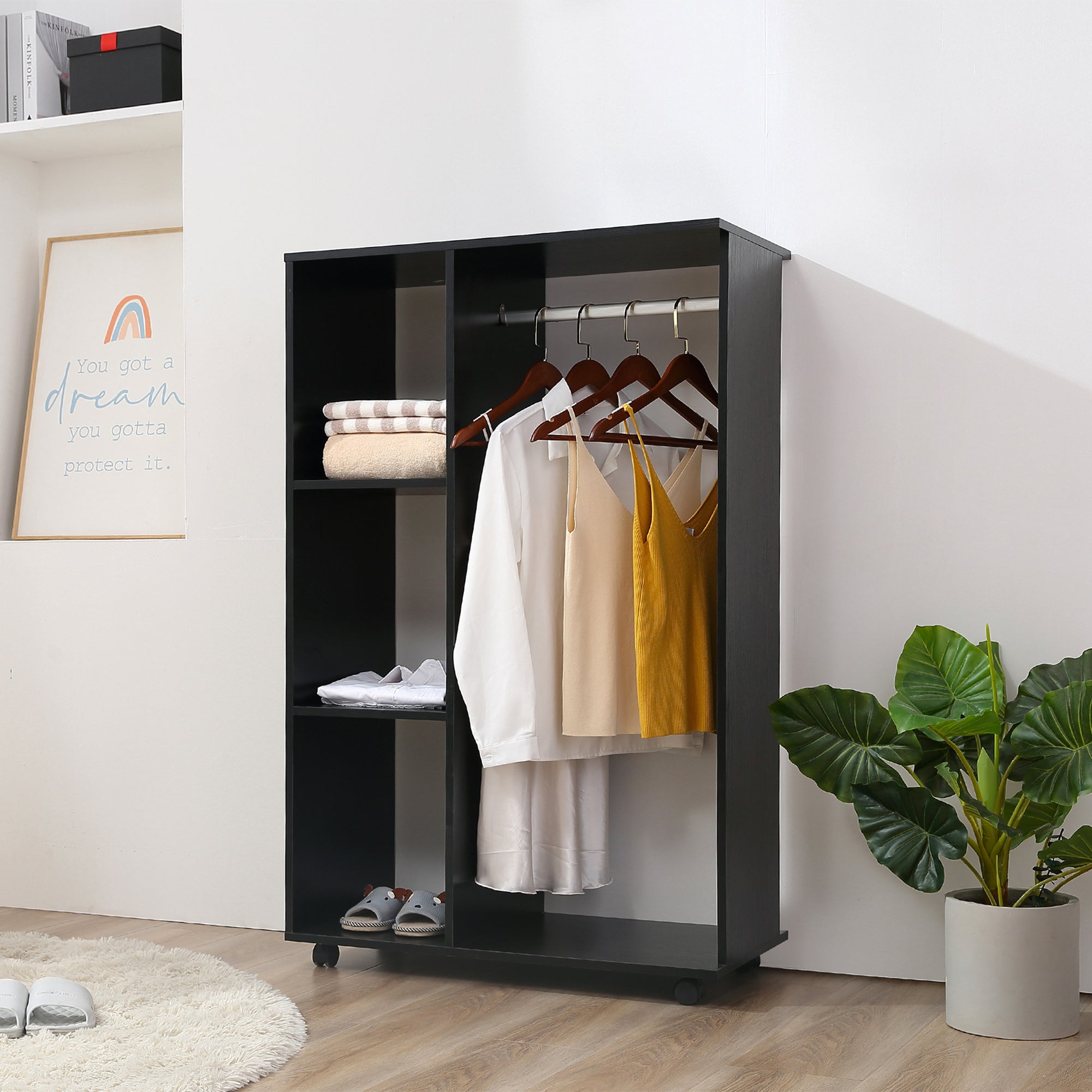 Open Wardrobe on Wheels, Mobile Clothes Rail & 3 Shelves, Black