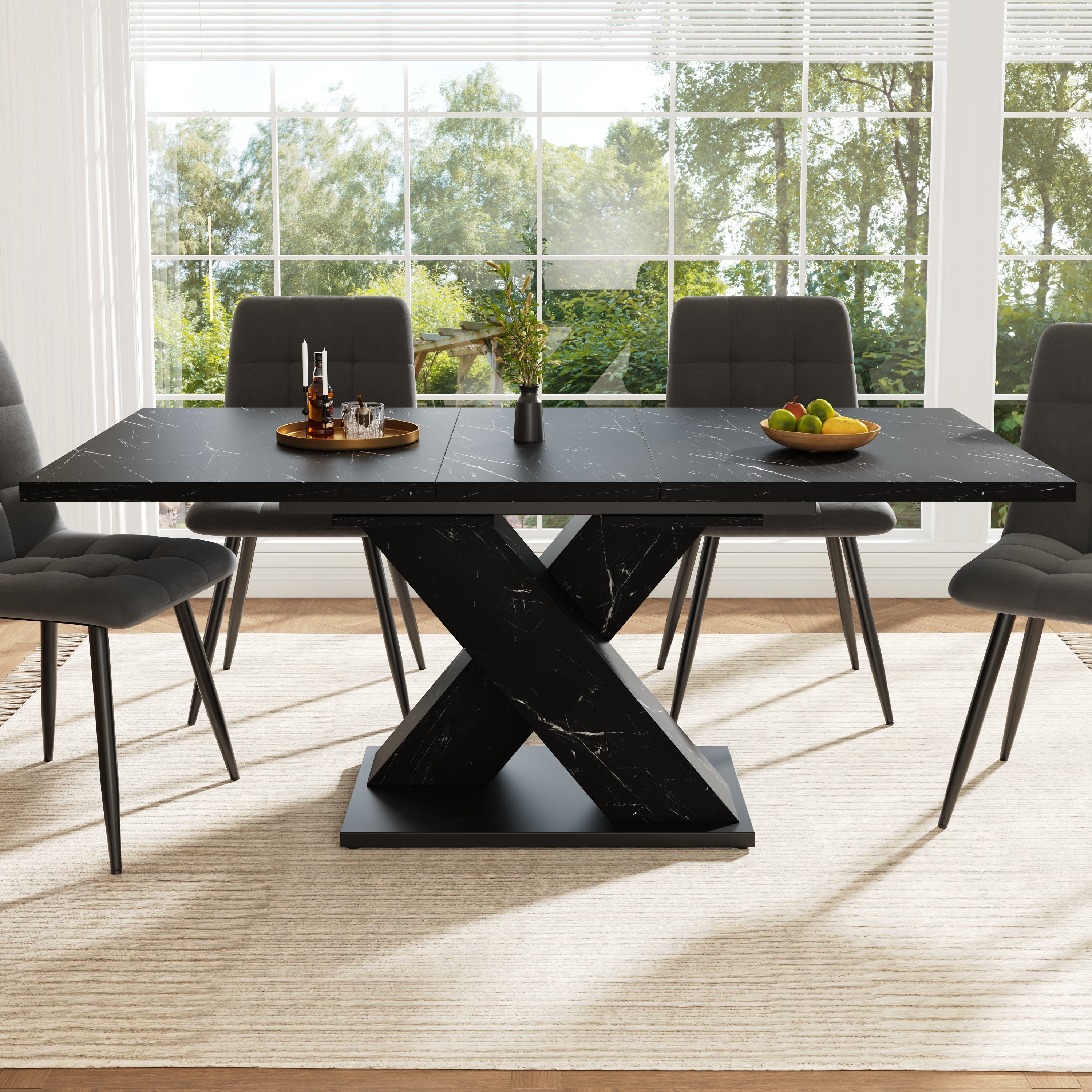 Extendable Dining Table with X-Design for 4-6 People, Black Marble Look