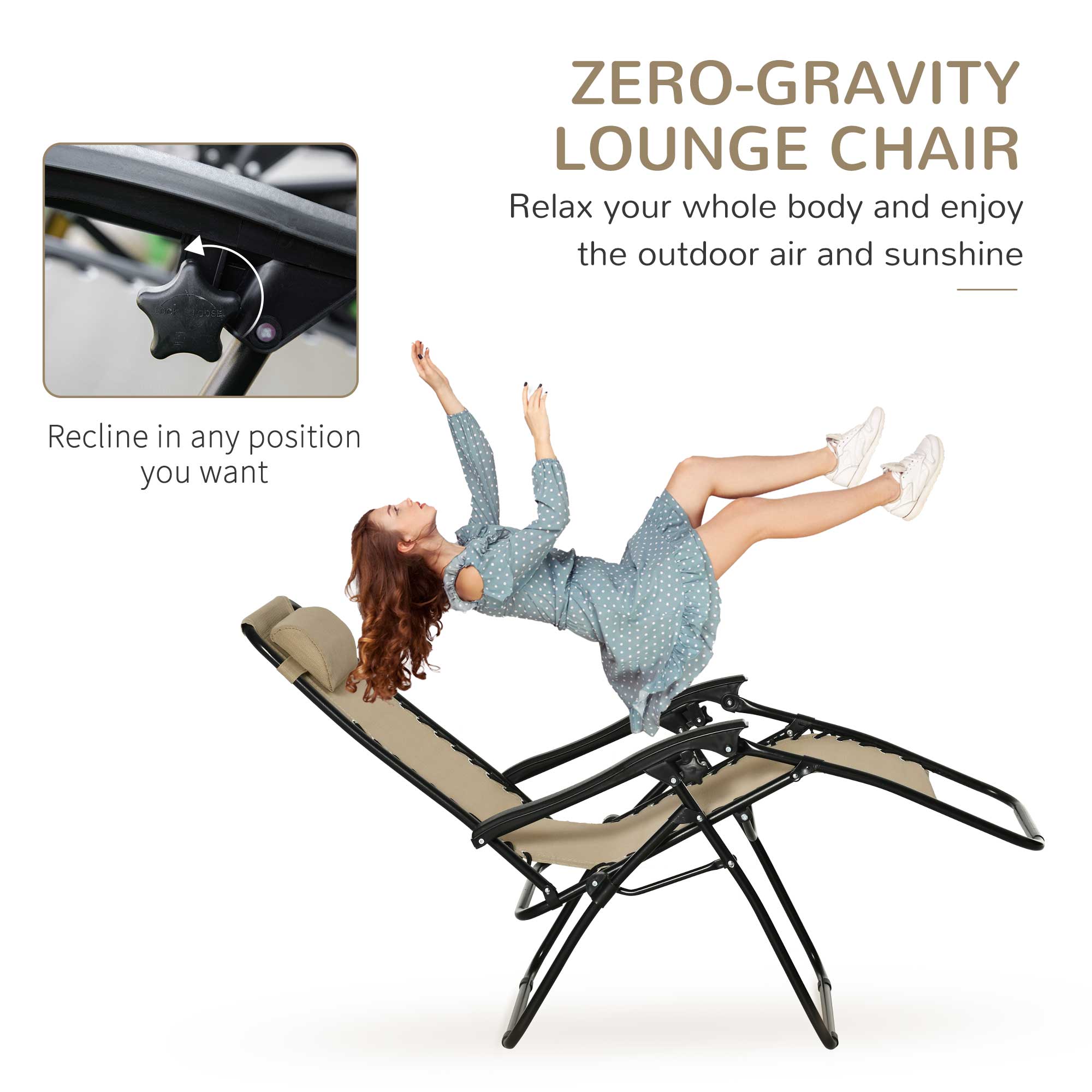 Folding Zero Gravity Chairs, 3 Pieces Adjustable Sun Lounger Set with Table, Beige