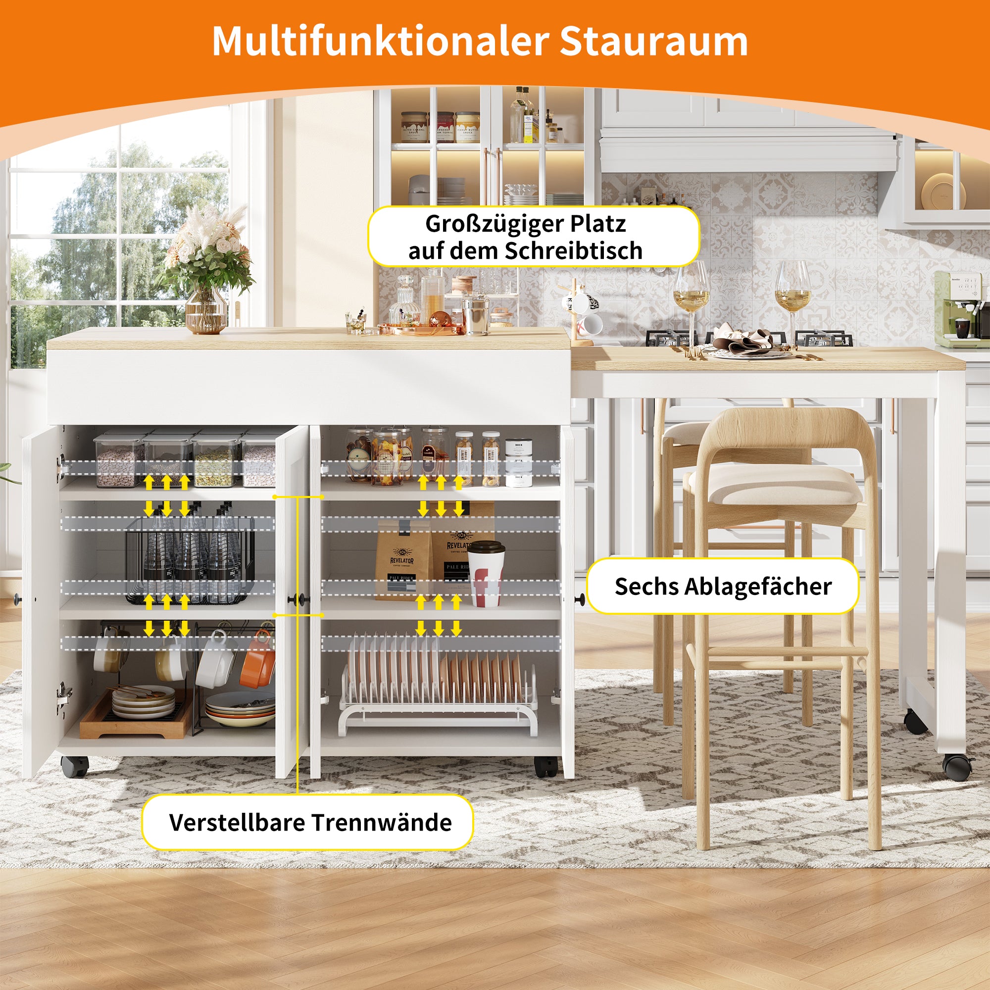 Extendable Bar Table Dining Table with Storage 6 Shelves - White