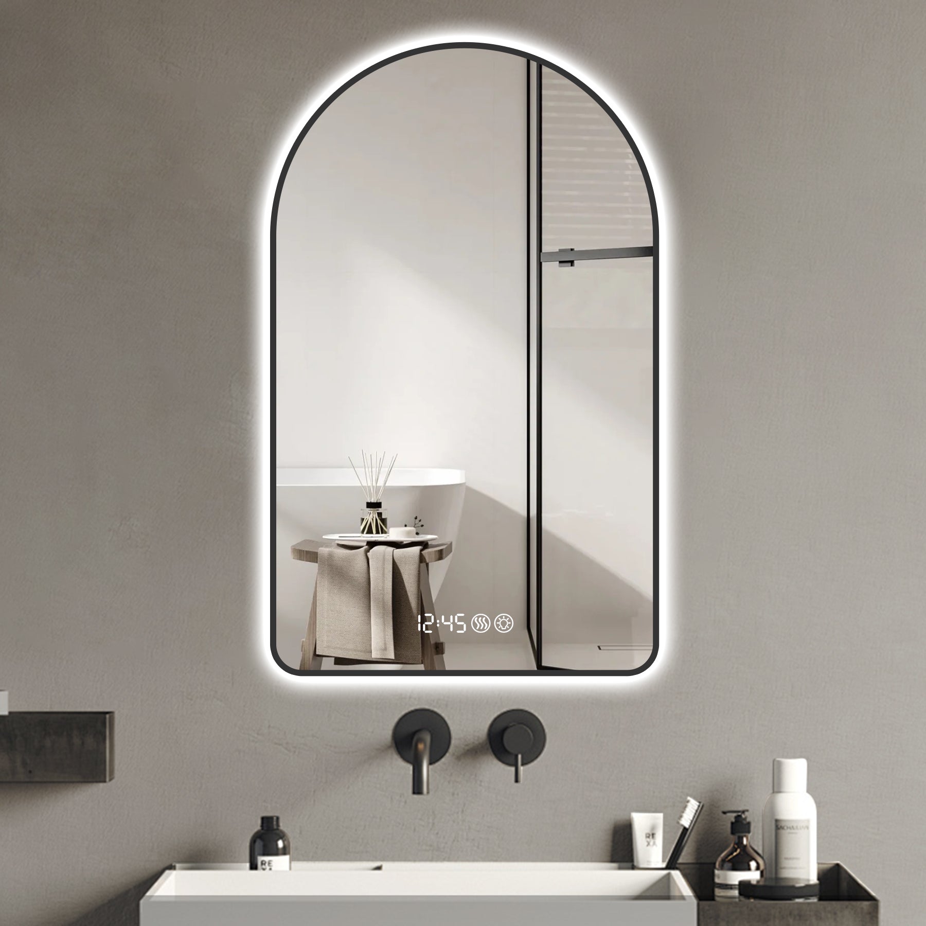 Arched LED Bathroom Mirror 60x120cm, Anti-Fog, Dimmable, Temp Display, Black Frame