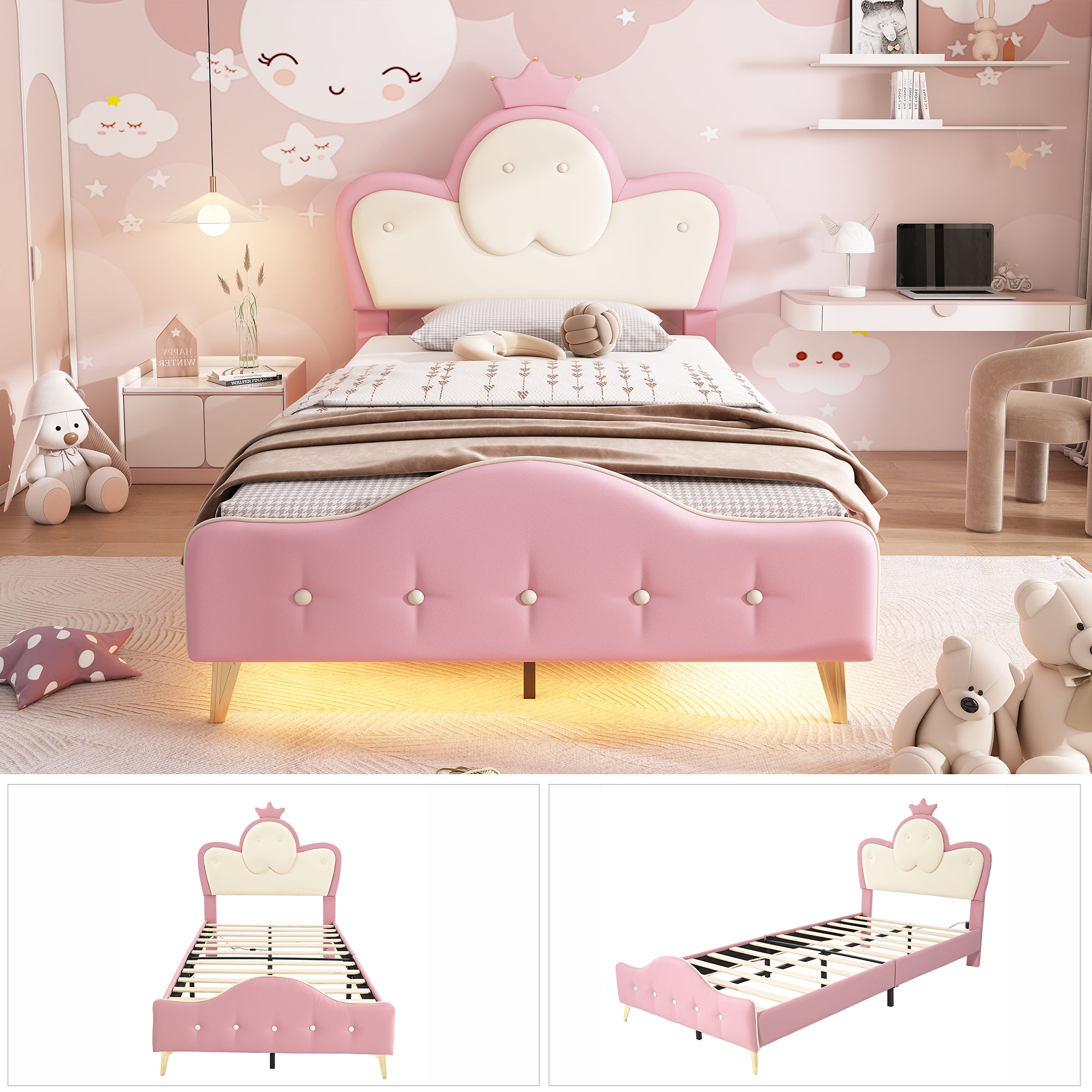 Upholstered Children's Bed with Crown Headboard, LED Strip, PU, Pink + White