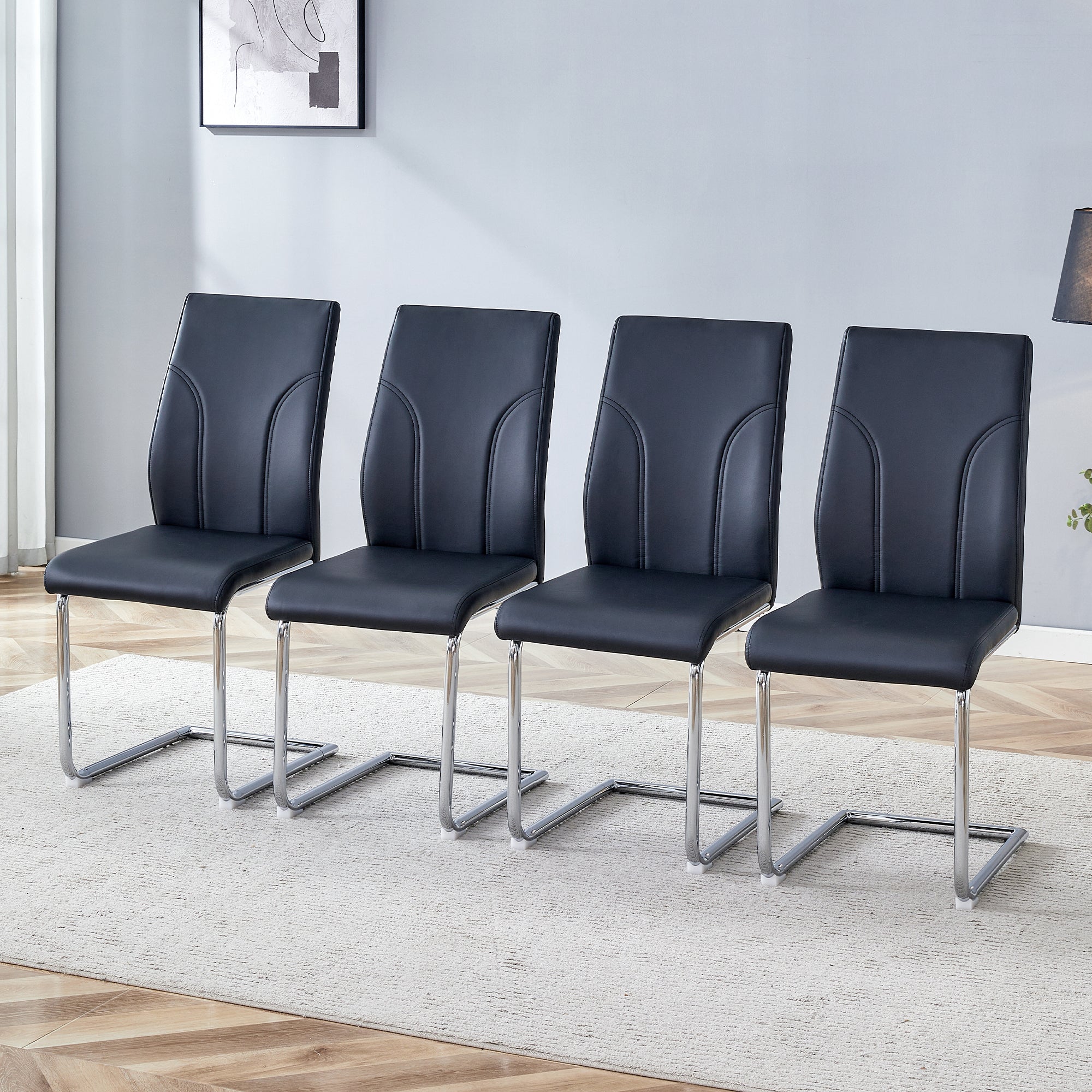 Dining Chairs, Set of 2, Silver Metal Legs, Black PU