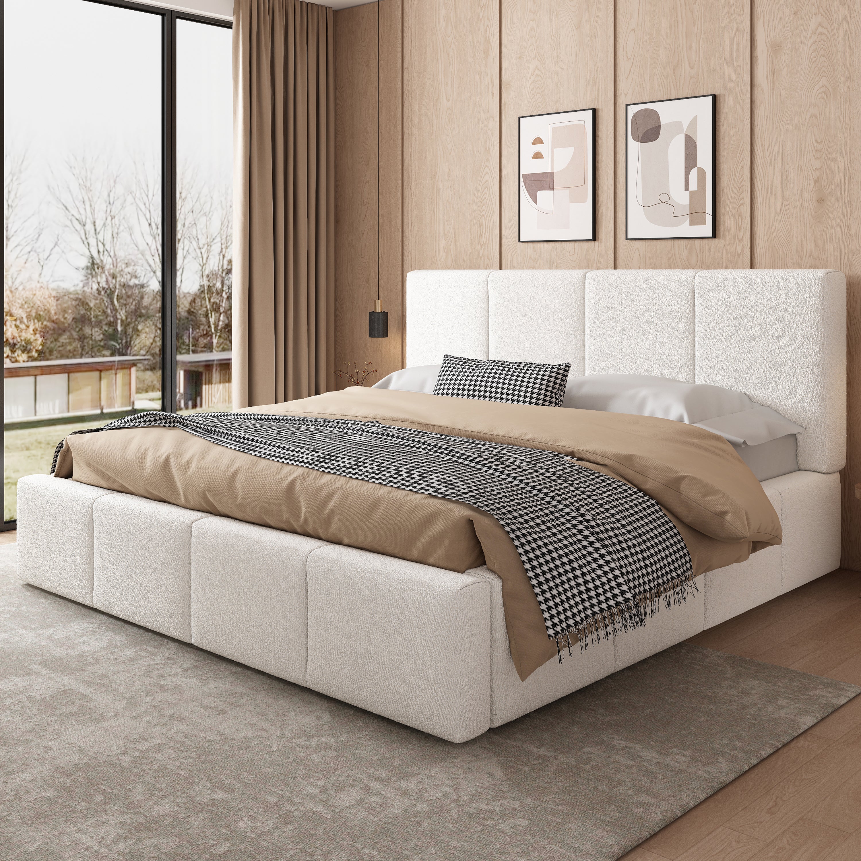 Upholstered Double Bed, 180x200cm Slatted Base Headboard, Beige Bouclé